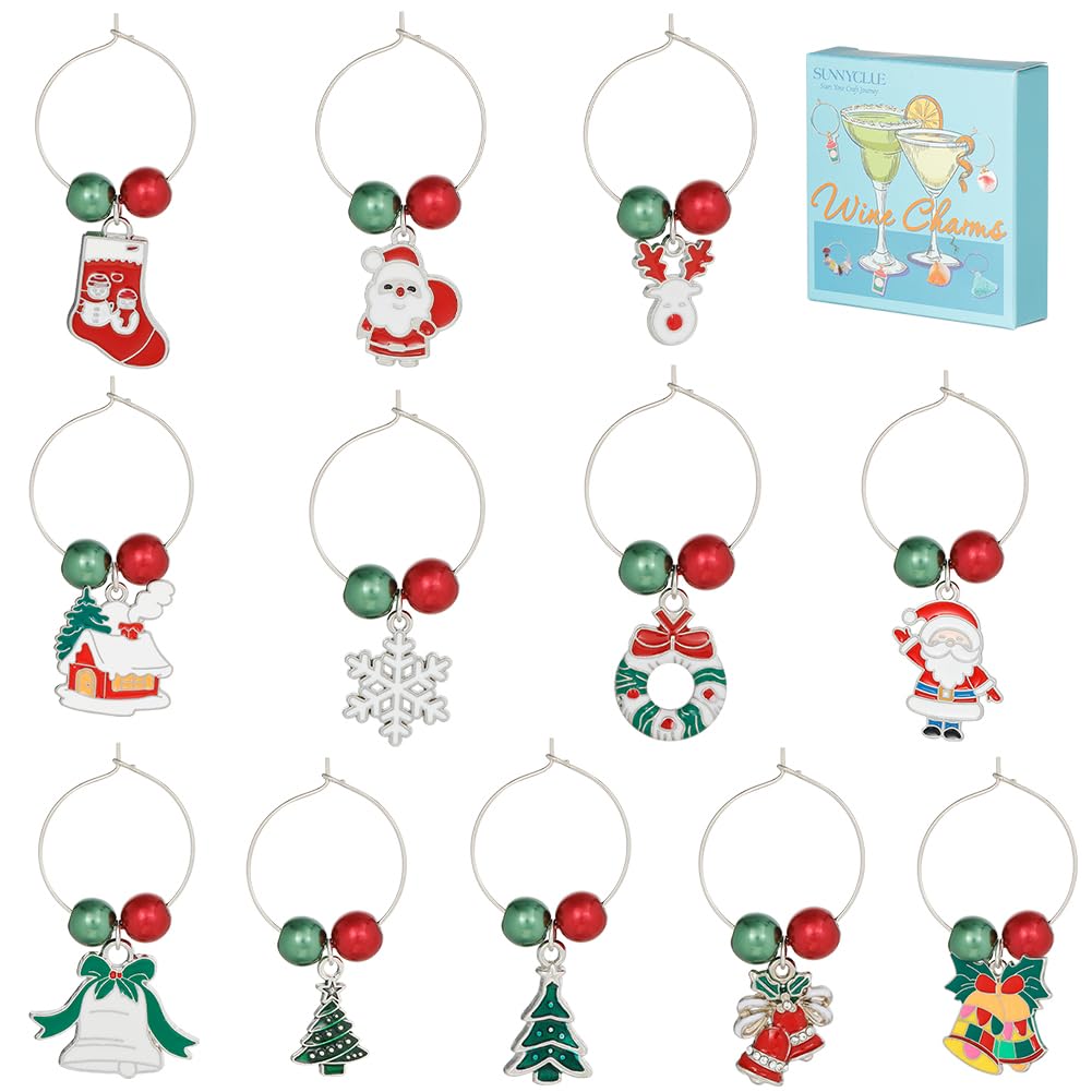 12-Pack Christmas Wine Charms Set - Silver Enamel Drink Markers with Red & Green Beaded Rings for Wine Glass Identification | Perfect for Holiday Parties, Wine Tastings & Christmas Gatherings