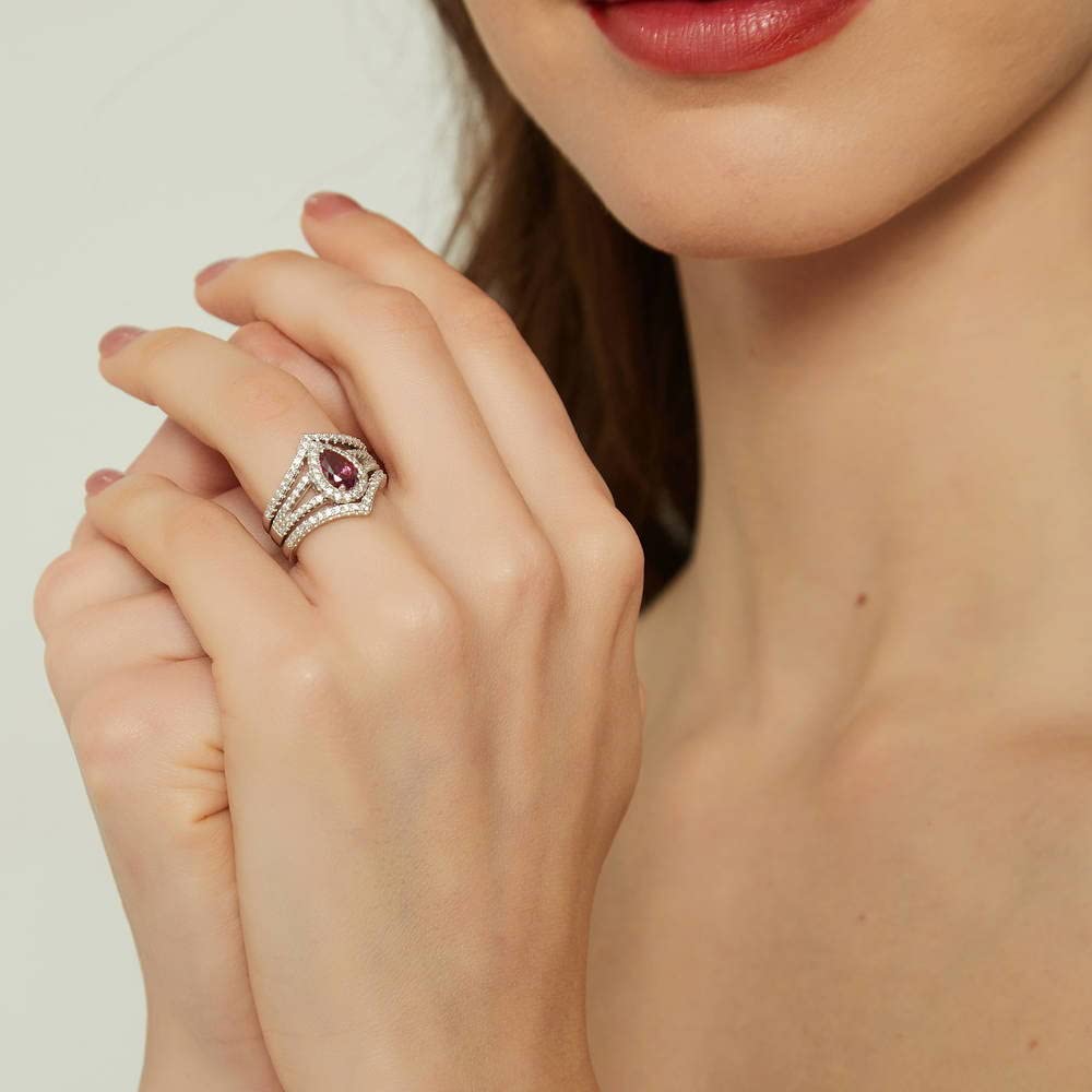 BERRICLE Sterling Silver Halo Wedding Engagement Ring Set for Women - Red Pear Cut Cubic Zirconia CZ Wishbone Split Shank, Rhodium Plated Size 4-10 | Elegant Bridal Jewelry for Proposals, Anniversaries & Special Occasions
