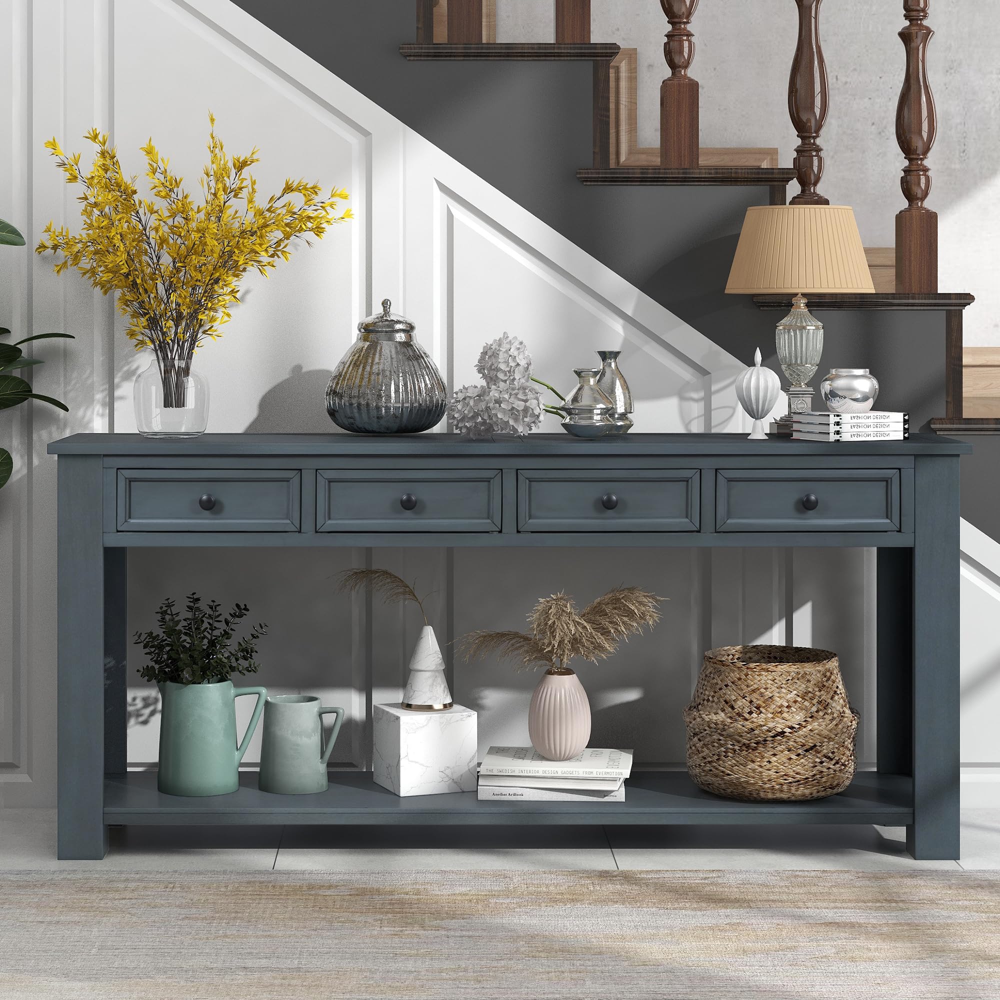 P PURLOVE Navy Console Table with Storage Drawers & Bottom Shelf - Entryway, Hallway, or Sofa Table for Home Decor & Organization | Perfect for Small Spaces, Apartments & Living Rooms