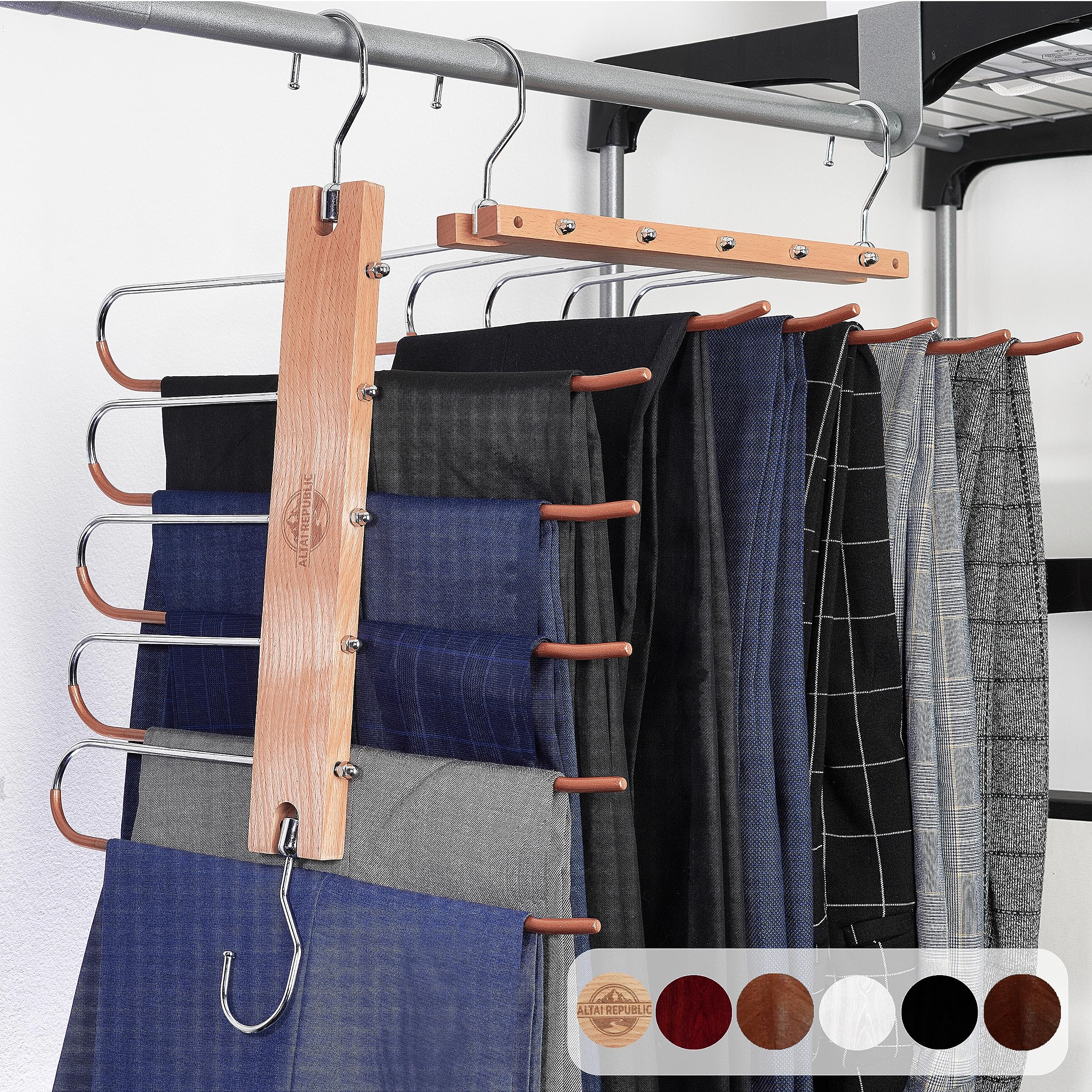 Space-Saving 5-in-1 Wooden Pants Hangers for Closet - Stainless Steel Extendible Jean & Trouser Hangers - Multi-Functional Magic Wardrobe Organizer (Natural Wood) - Perfect for Small Spaces, Travel & Home Closet Organization