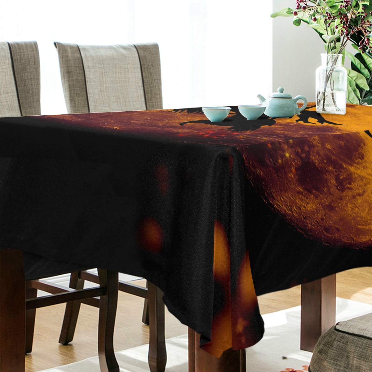 Happy Halloween Witch Silhouette Moon Pattern Tablecloth - 54 x 54 Inch Square Wrinkle-Resistant Table Cover for Dining, Kitchen, Halloween Parties & Home Decor