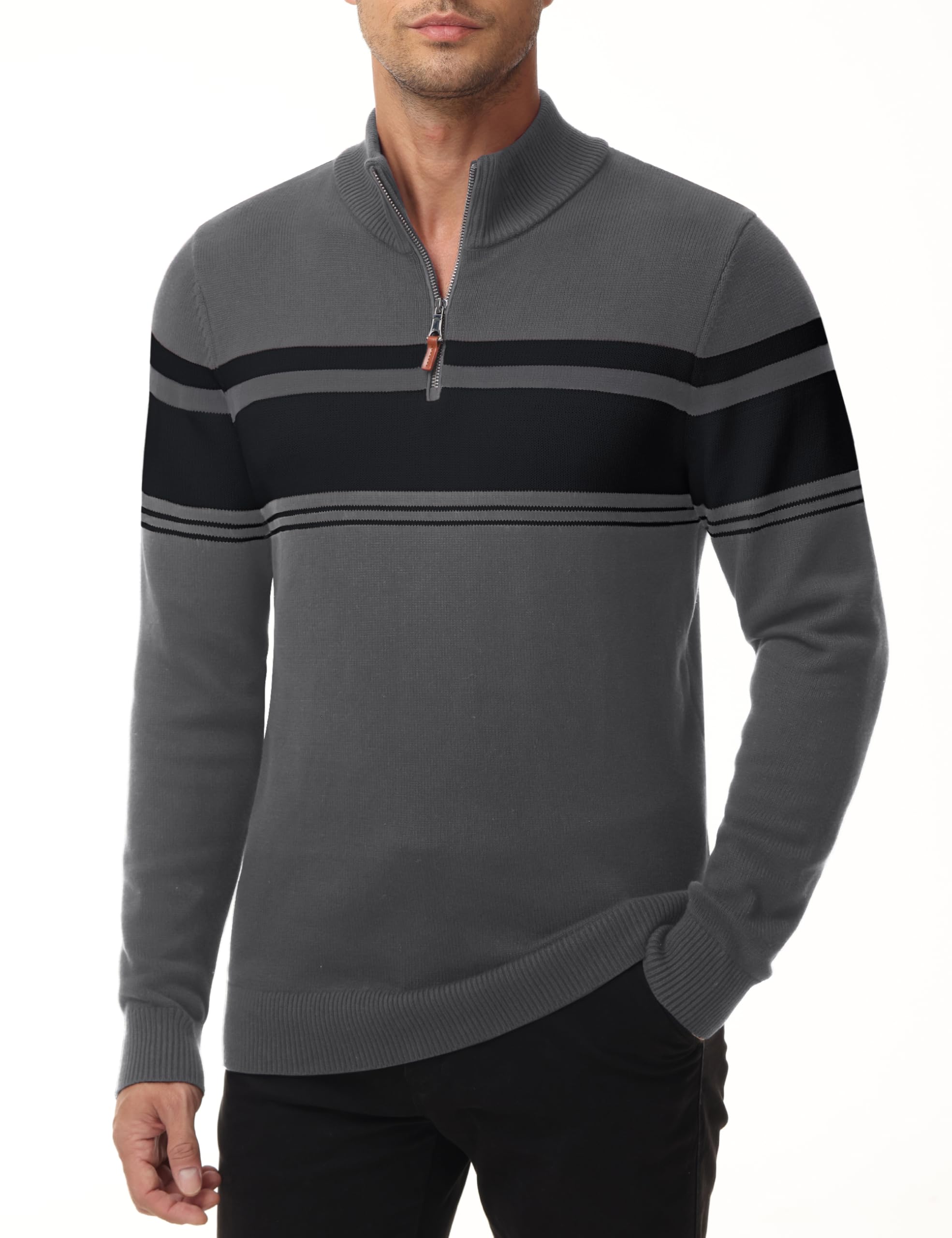 MAGNIVIT Men's Quarter Zip Striped Pullover Sweater - Color Block Polo Sweatshirt for Fall, Winter & Spring | Casual Office Wear & Outdoor Activities