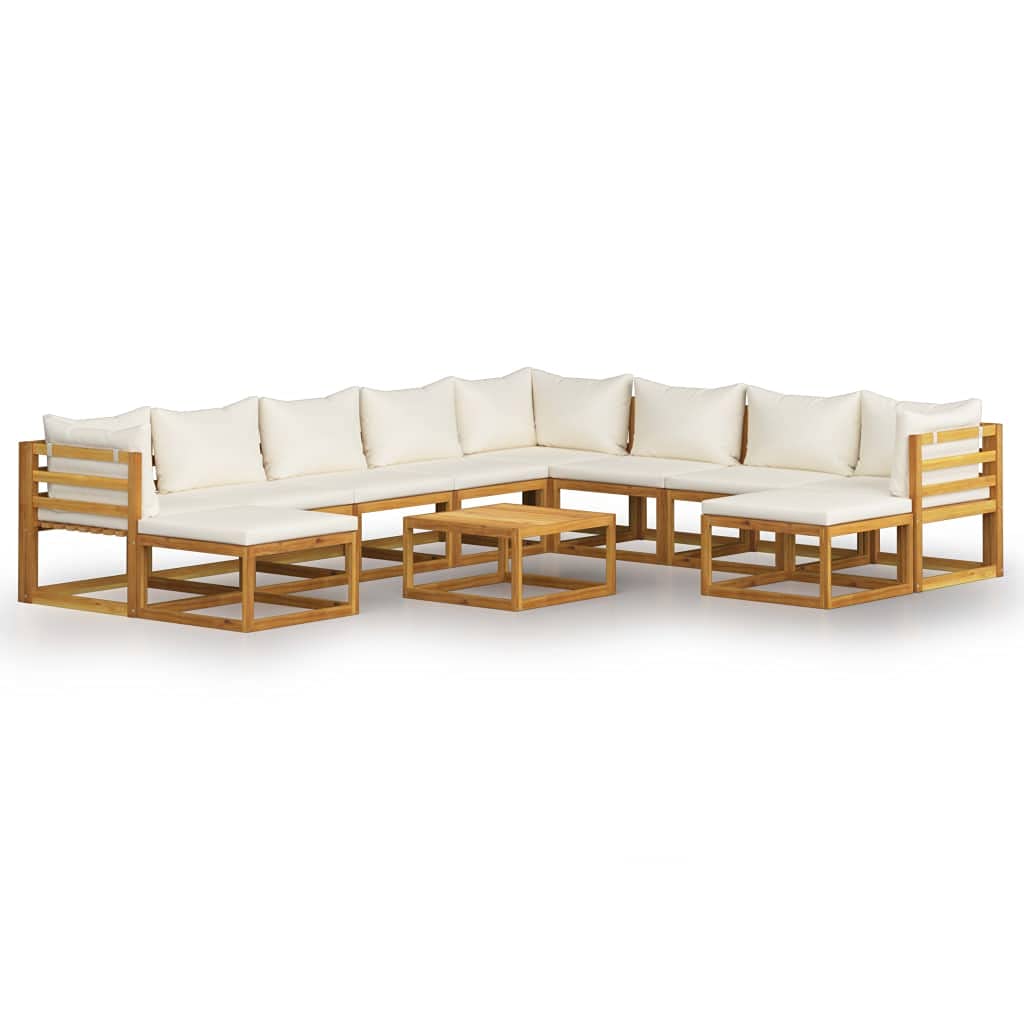 11-Piece Acacia Wood Patio Furniture Set with Comfortable Cushions - Cream Outdoor Garden Lounge & Conversation Chat Set for Backyard, Deck or Poolside Relaxation