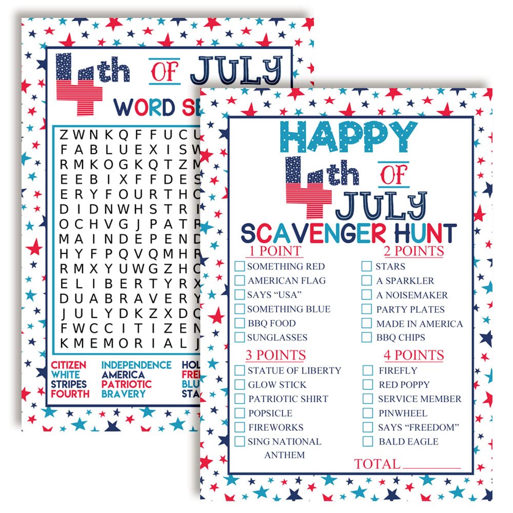Amanda Creation 4th of July Patriotic Word Search & Scavenger Hunt Game Cards - 10 Pack (5