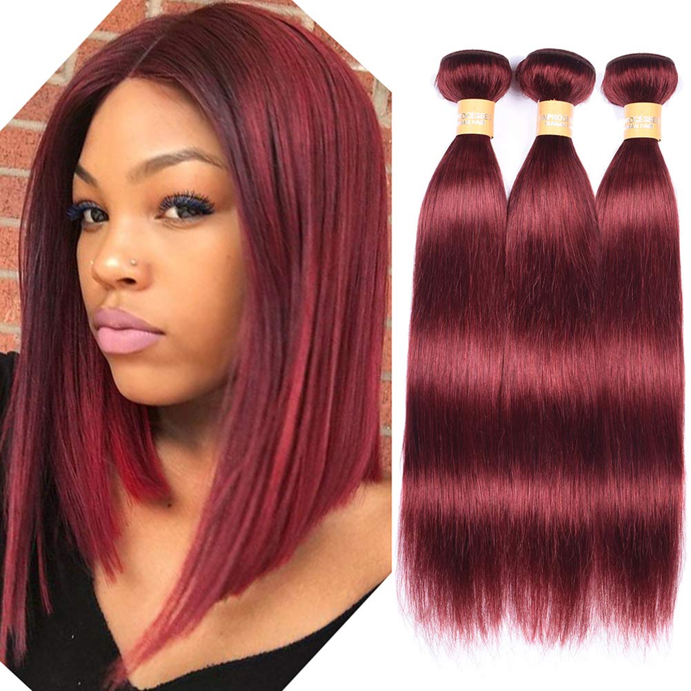 WOME Light Wine Red Hair Extensions - 3 Bundles Peruvian Virgin Human Hair #33 Silky Straight Wefts (12