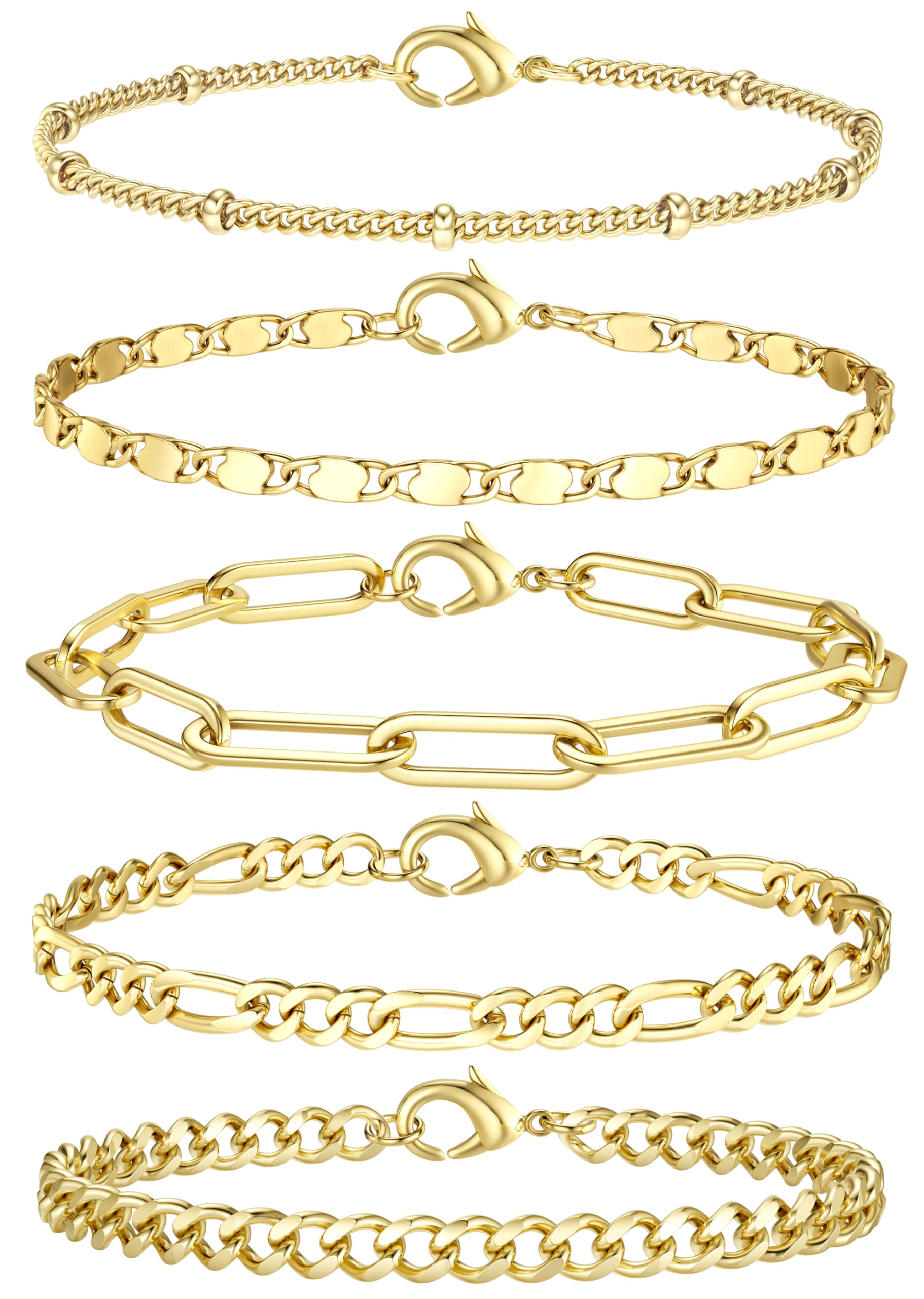 KRFY 5Pcs 14K Gold & Silver Adjustable Stackable Chain Bracelet Set for Women - Paperclip Beaded Jewelry for Everyday Wear, Layering & Gift Giving