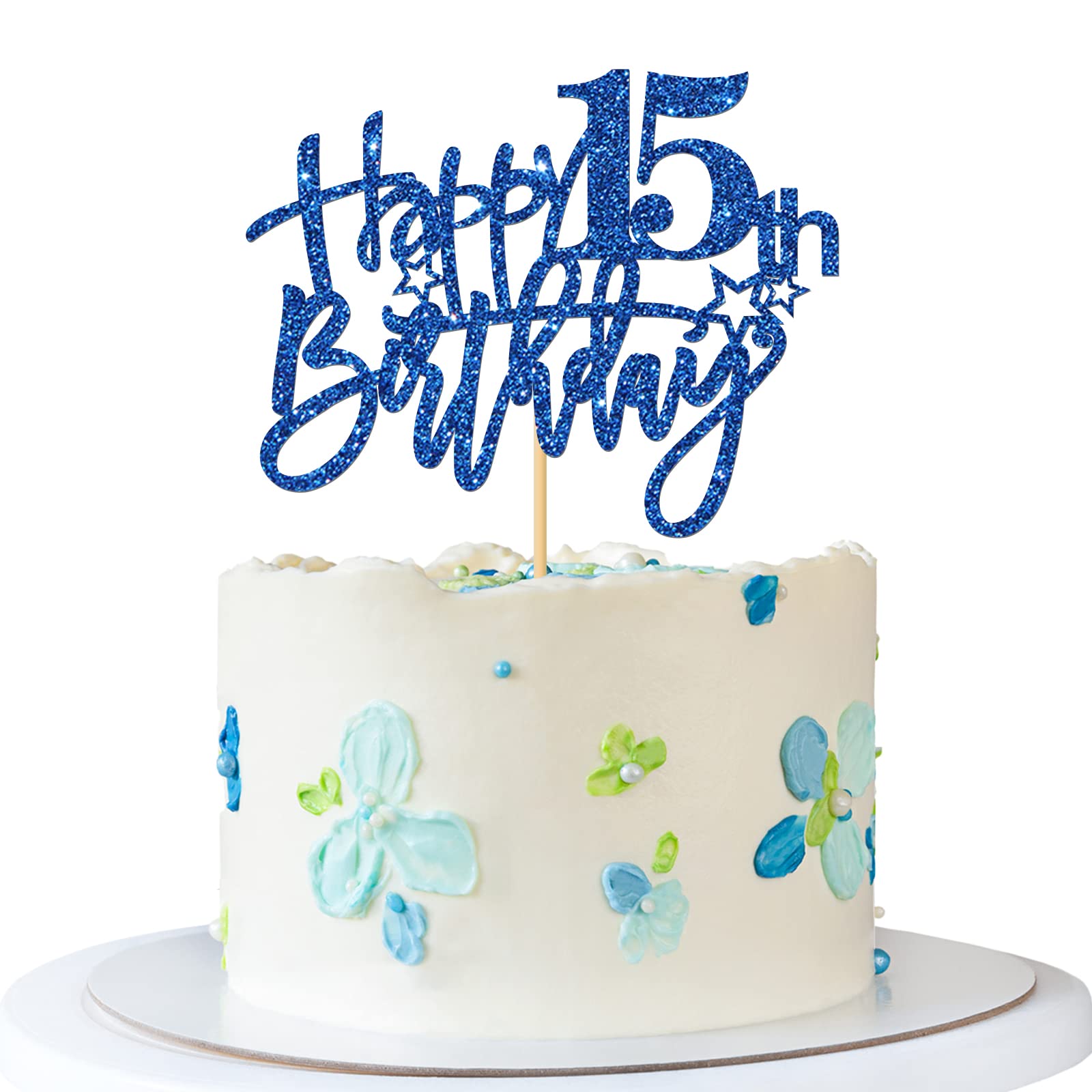 15th Birthday Cake Topper - Glitter Blue Cake Decor for 15 Year Old Girl or Boy - Teen Birthday Party Supplies - Perfect for Sweet 15 Celebrations & Quinceañera Parties