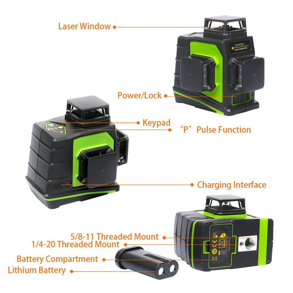 Huepar GF360G 3D Green Beam Self-Leveling Laser Level with 3 x 360° Cross Lines - Two Vertical & One Horizontal Plane Alignment Tool - Magnetic Pivoting Base for Construction, Tiling, and DIY Projects