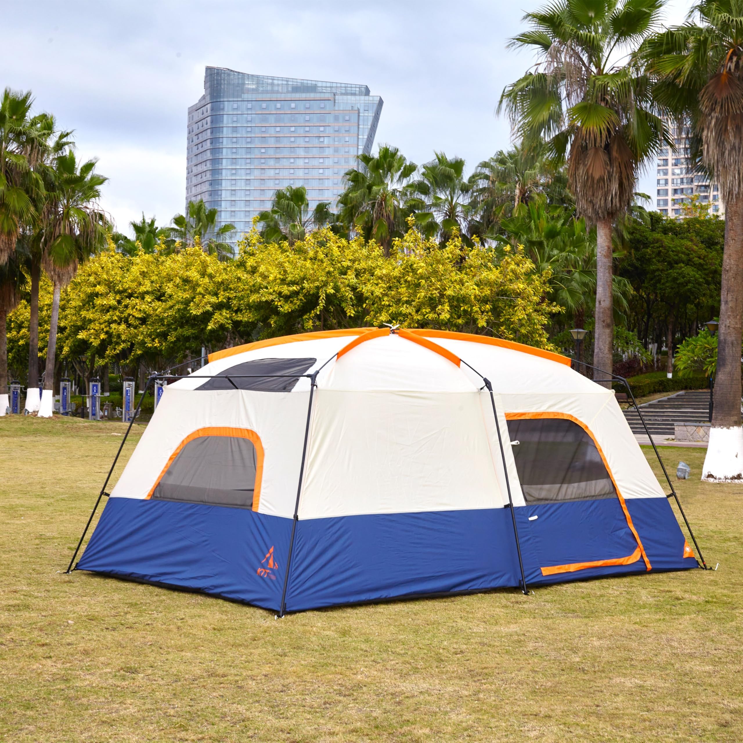 KTT Extra Large Family Cabin Tent for 10-14 People (Style-B) - 2 Rooms, 3 Doors & 3 Mesh Windows, Waterproof Double Layer Straight Wall Design - Perfect for Camping, Picnics, Outdoor Adventures & Family Gatherings