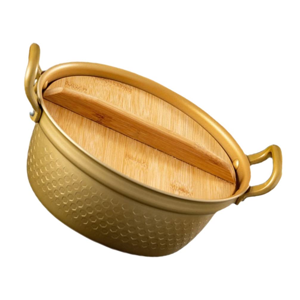 Hemoton 1-Piece Bamboo Lid Soup Pot - Korean Style Milk Pan, Instant Noodle Pot & Ramyun Bowl with Glass Mugs - Aluminum Sauce Pan with Lid for Kitchen Use - Perfect for Cooking Soup, Stew, Milk Heating & Serving Asian Dishes