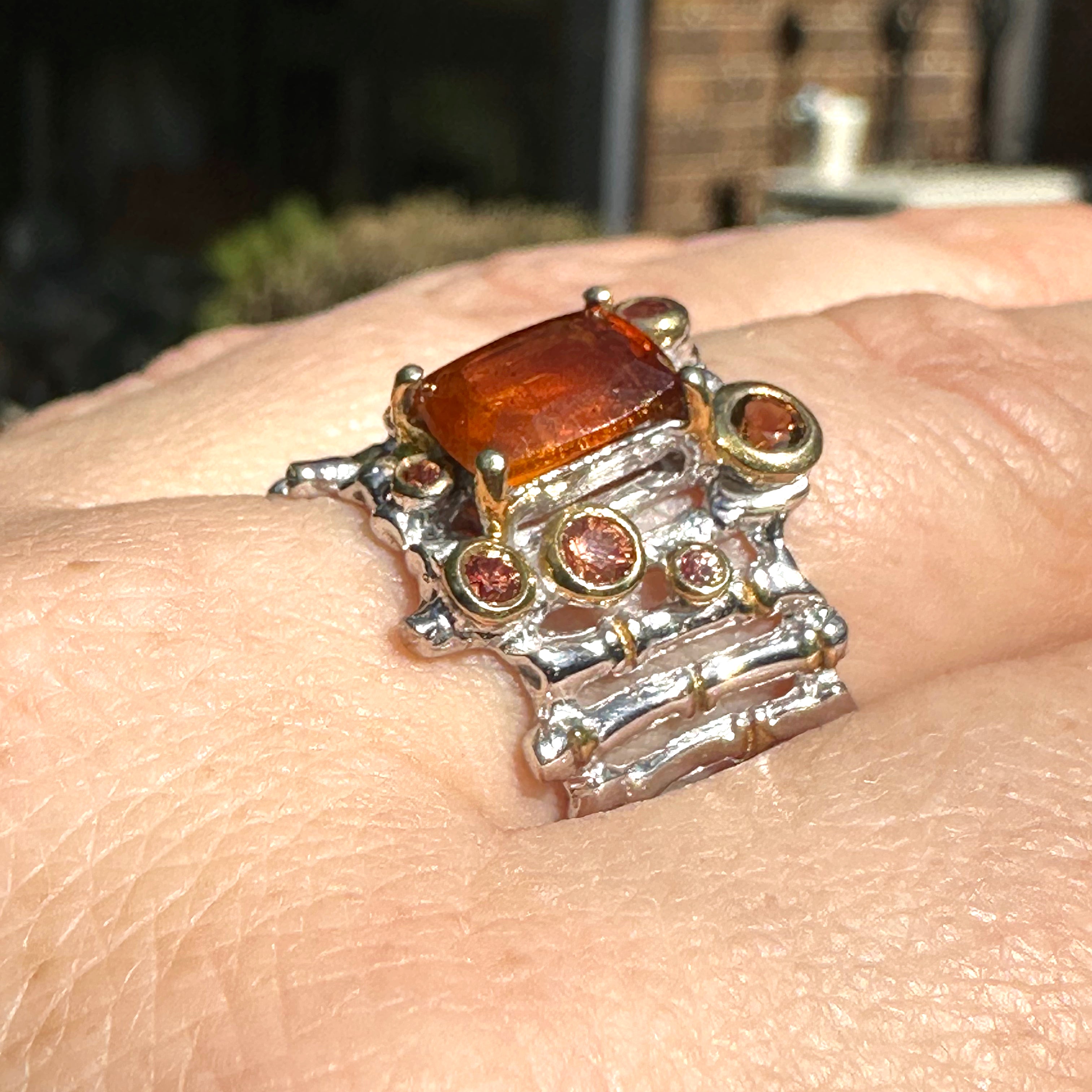 Orange Kyanite Cushion Cut Ring with Tourmaline & Sapphire - Size 8 - Designer Jewelry for Women | Perfect for Weddings, Anniversaries & Special Occasions