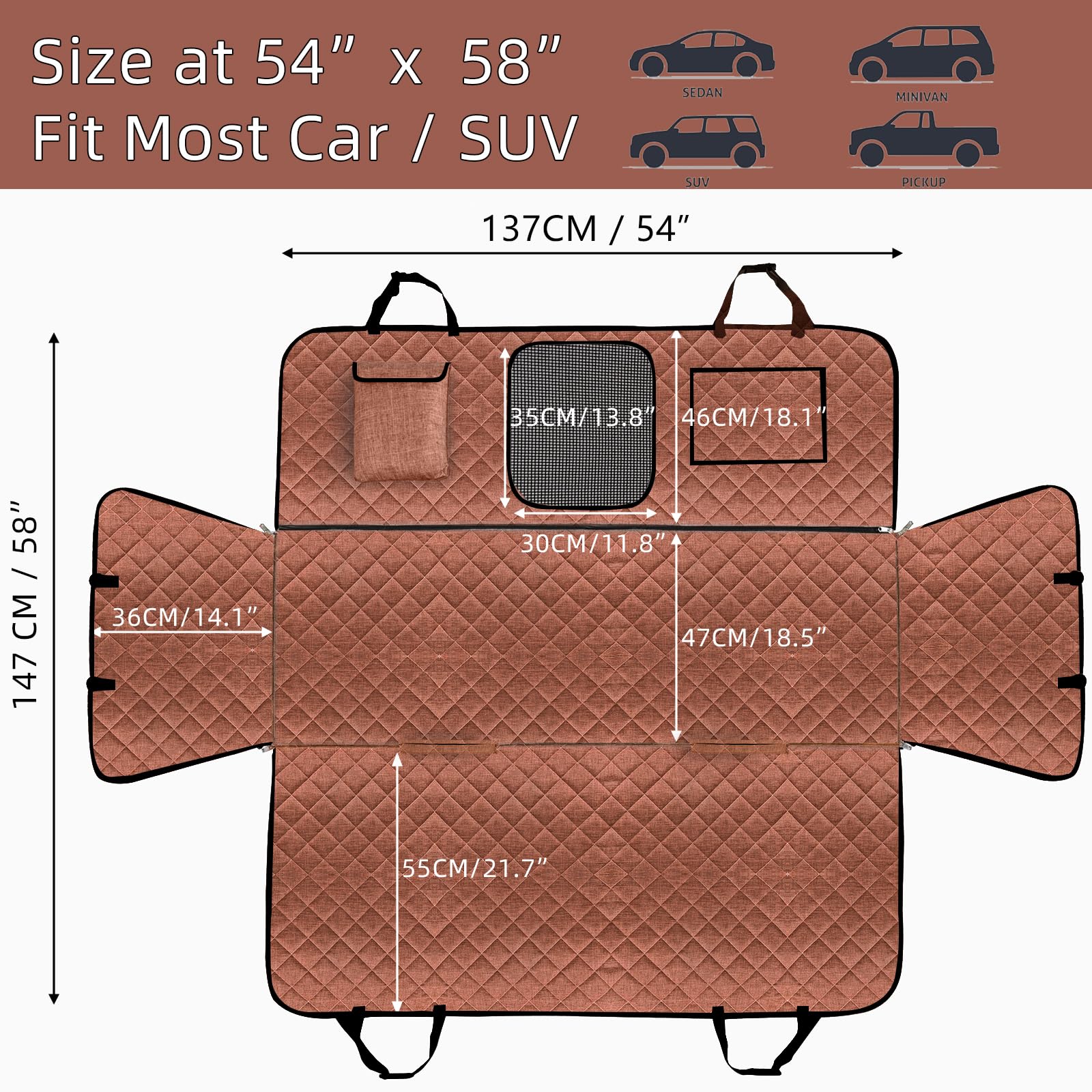 Waterproof Car Dog Hammock Back Seat Cover with Mesh Window, Nonslip Rubber Back, Washable Luxury Material, Big Storage Pocket for SUV/Sedan - Perfect for Travel & Daily Commute