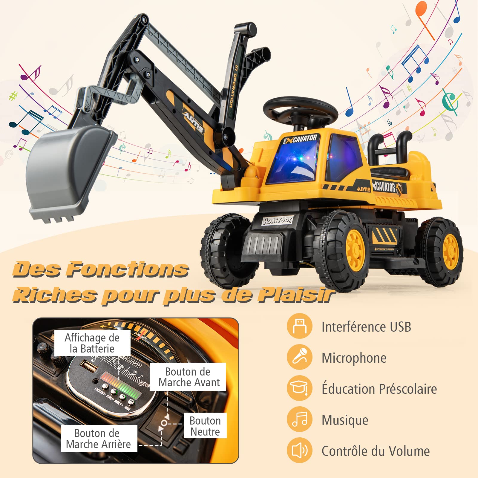 COSTWAY 6V Kids Ride-On Electric Backhoe Loader Toy with Rotating Seat, Shovel, LED Lights & Music | 25kg Capacity | Hidden Storage | Excavator Toy for Boys & Girls Ages 3+ (Yellow) | Perfect for Outdoor Play, Sandbox Fun & Construction Pretend Play