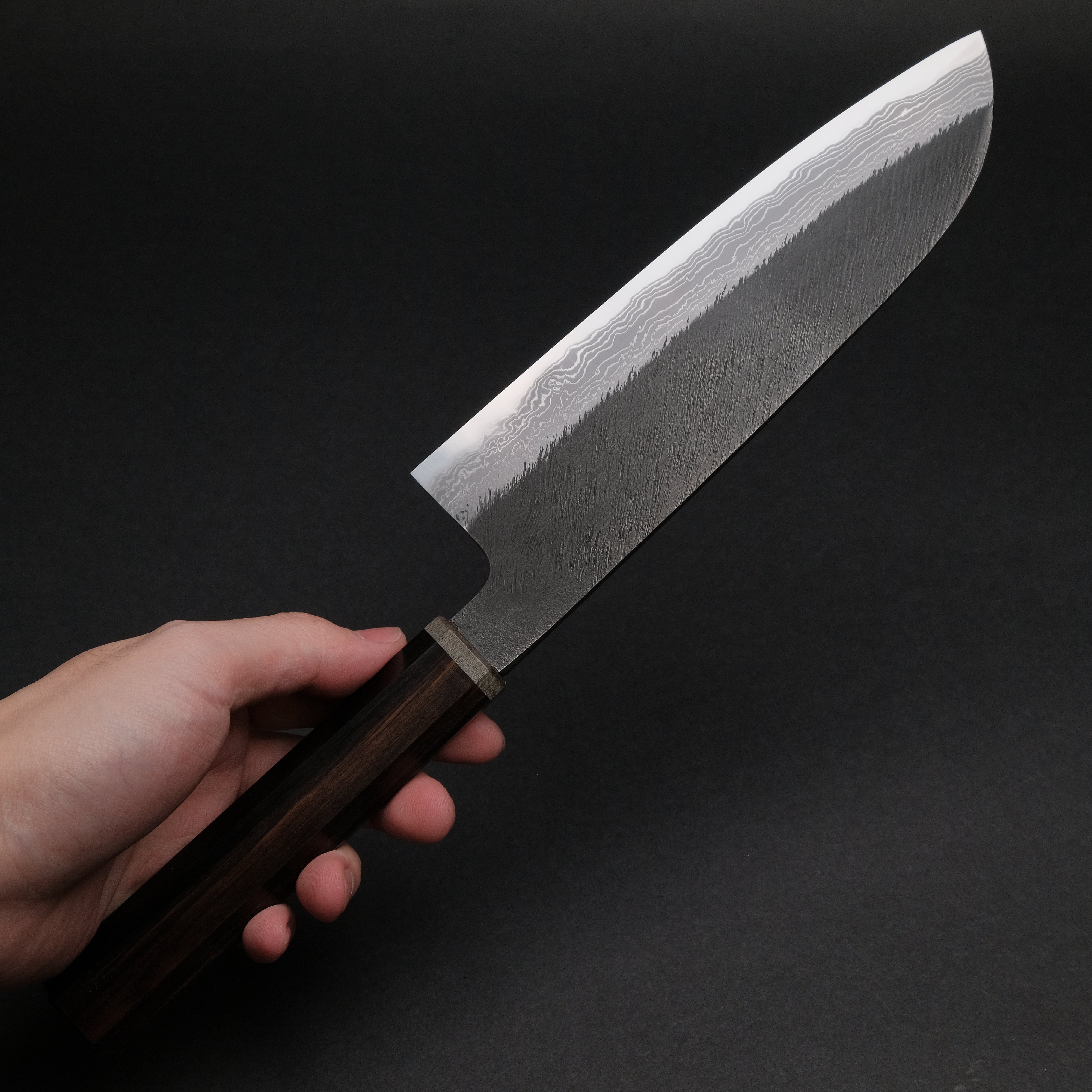 Premium Damascus Santoku Knife 180mm - White #2 Steel, Olive & Stabilized Wood Handle - Perfect for Slicing, Dicing, and Chopping Vegetables, Meat, and Fish in Professional & Home Kitchens