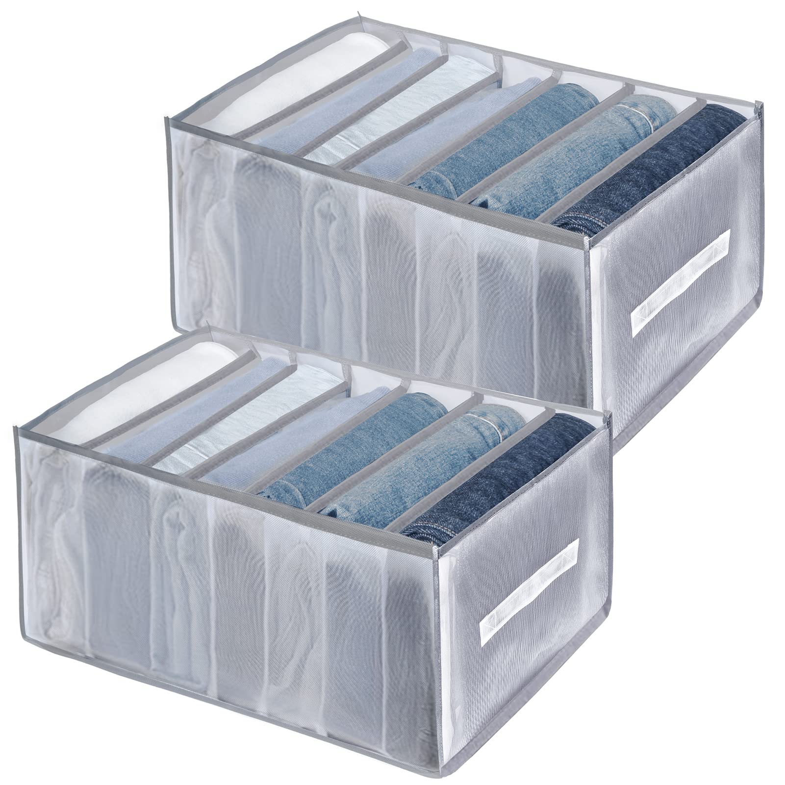 Upgraded 7-Grid Wardrobe Closet Organizer - 2-Pack Foldable Jean Storage with Handles, Extra Large Drawer Organizer for Clothes, Pants & Accessories | Perfect for Bedroom, Closet & Travel Organization