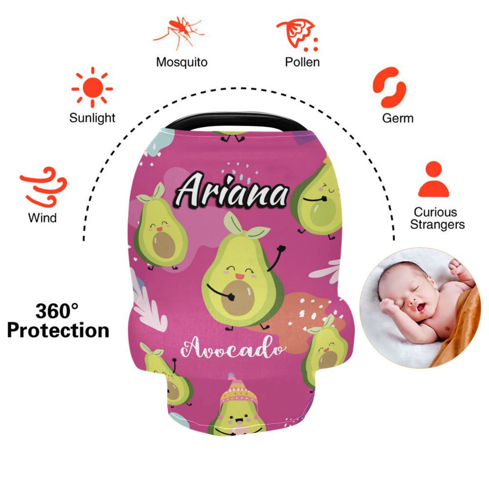 Custom Pink & Green Avocado Stretchy Baby Car Seat Canopy - Personalized Infant Stroller Cover - Multi-Use Car Seat Cover & Nursing Cover for Breastfeeding Moms - Perfect for Shopping, Travel & Outdoor Activities