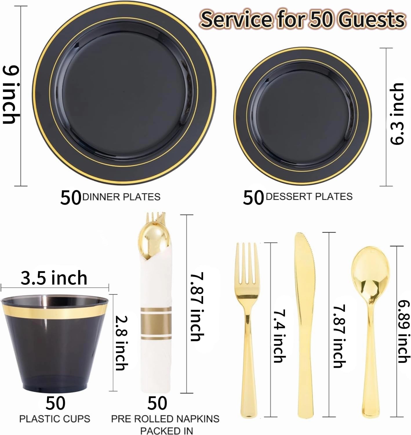 350-Piece Black and Gold Disposable Plastic Plate Set with Silverware - 50 9