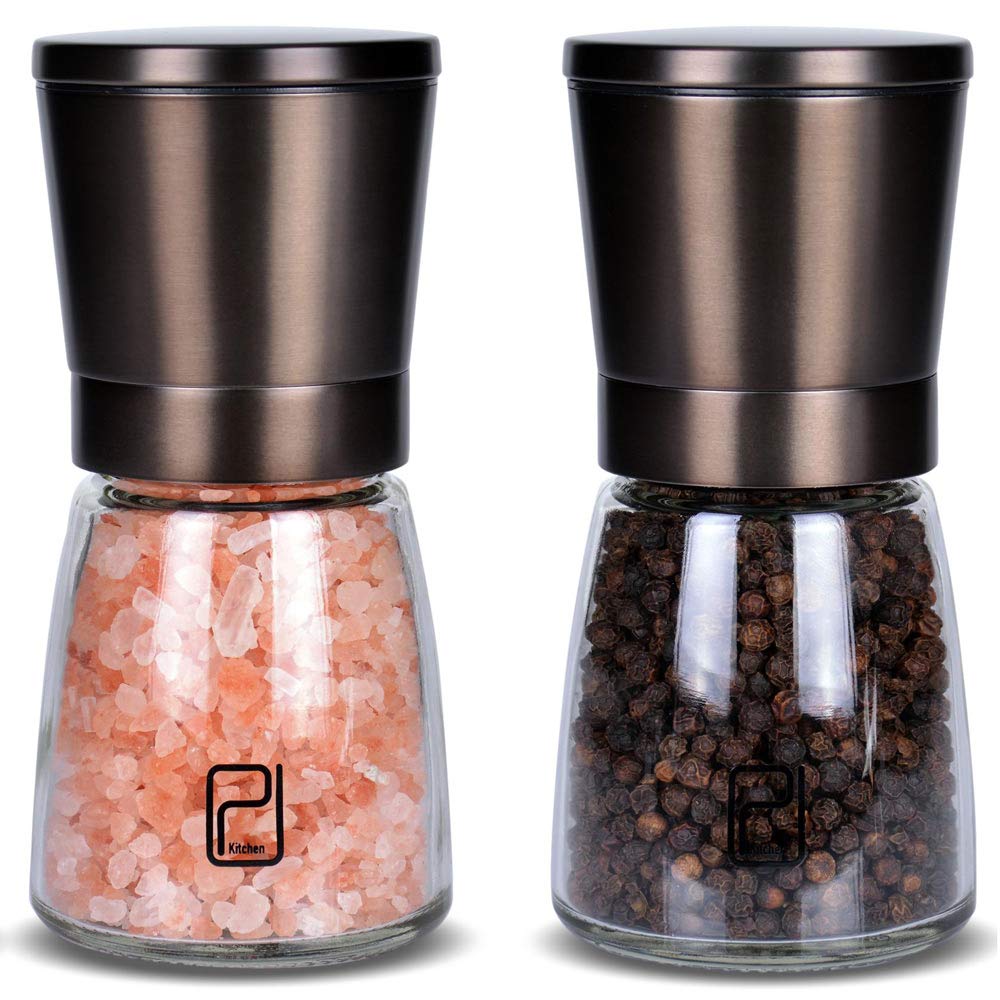 Premium Black Stainless Steel Salt and Pepper Grinder Set with Bamboo Wood Stand - Adjustable Coarseness Gunmetal Spice Mill - Bronze Pepper Grinder & Salt Shaker Set for Kitchen, Dining Table, BBQ, Camping & Gift Giving