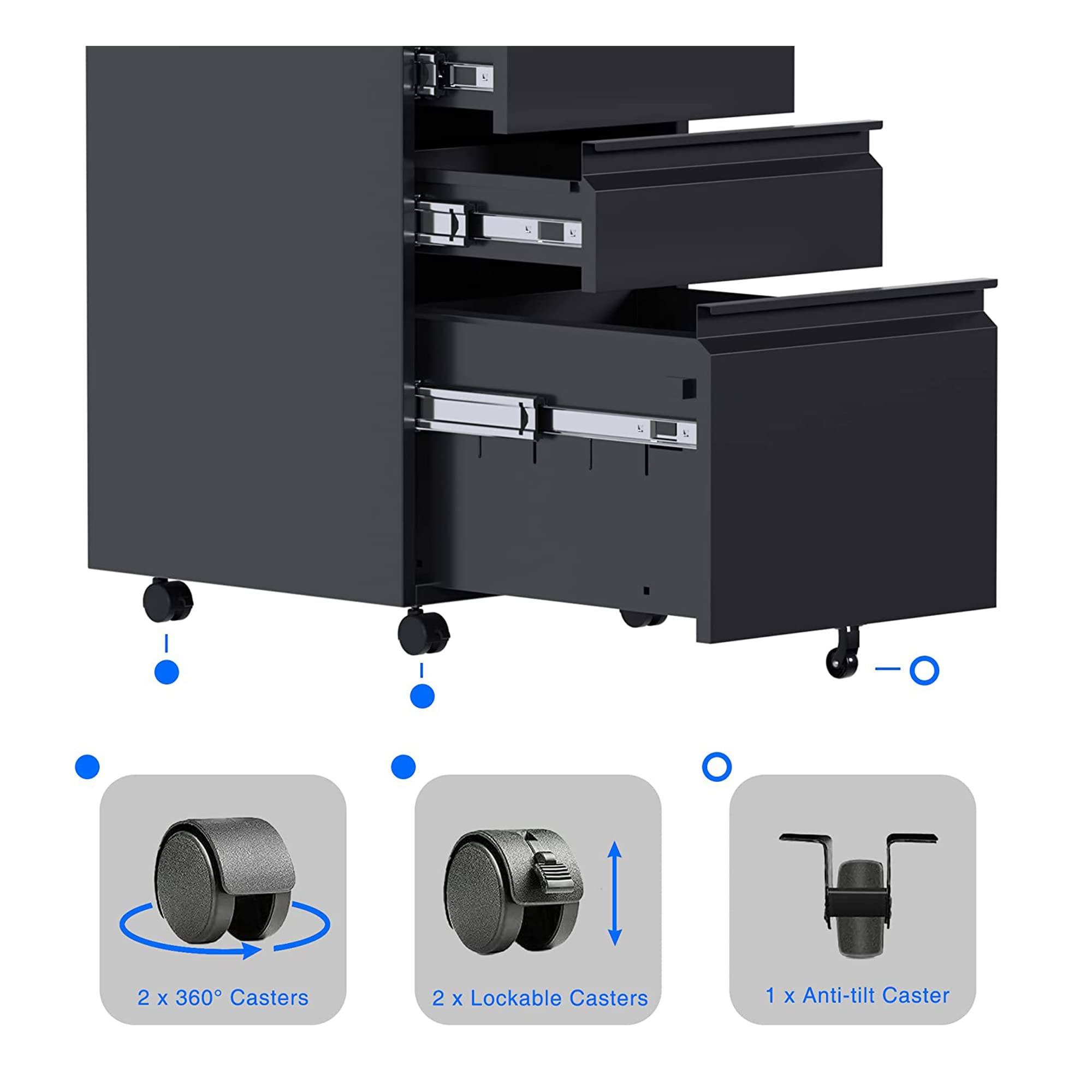 Aobabo 3-Drawer Lockable Metal File Cabinet with Wheels - Letter/Legal Size Home Office Storage - Black (Pre-Assembled) | Perfect for Organizing Documents in Small Businesses, Home Offices & Workspaces