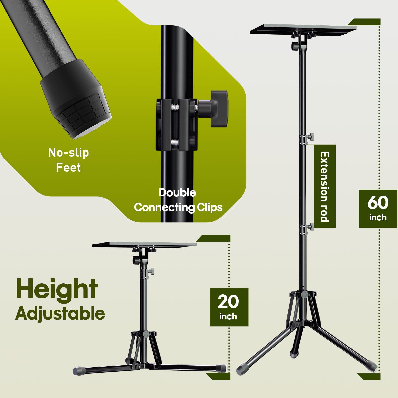 Portable Adjustable Projector Stand 20-60 Inch with Gooseneck Phone Holder & Mouse Tray - Laptop Tripod Floor Stand for Podium, Home Studio, DJ Racks, Presentations, and Online Classes