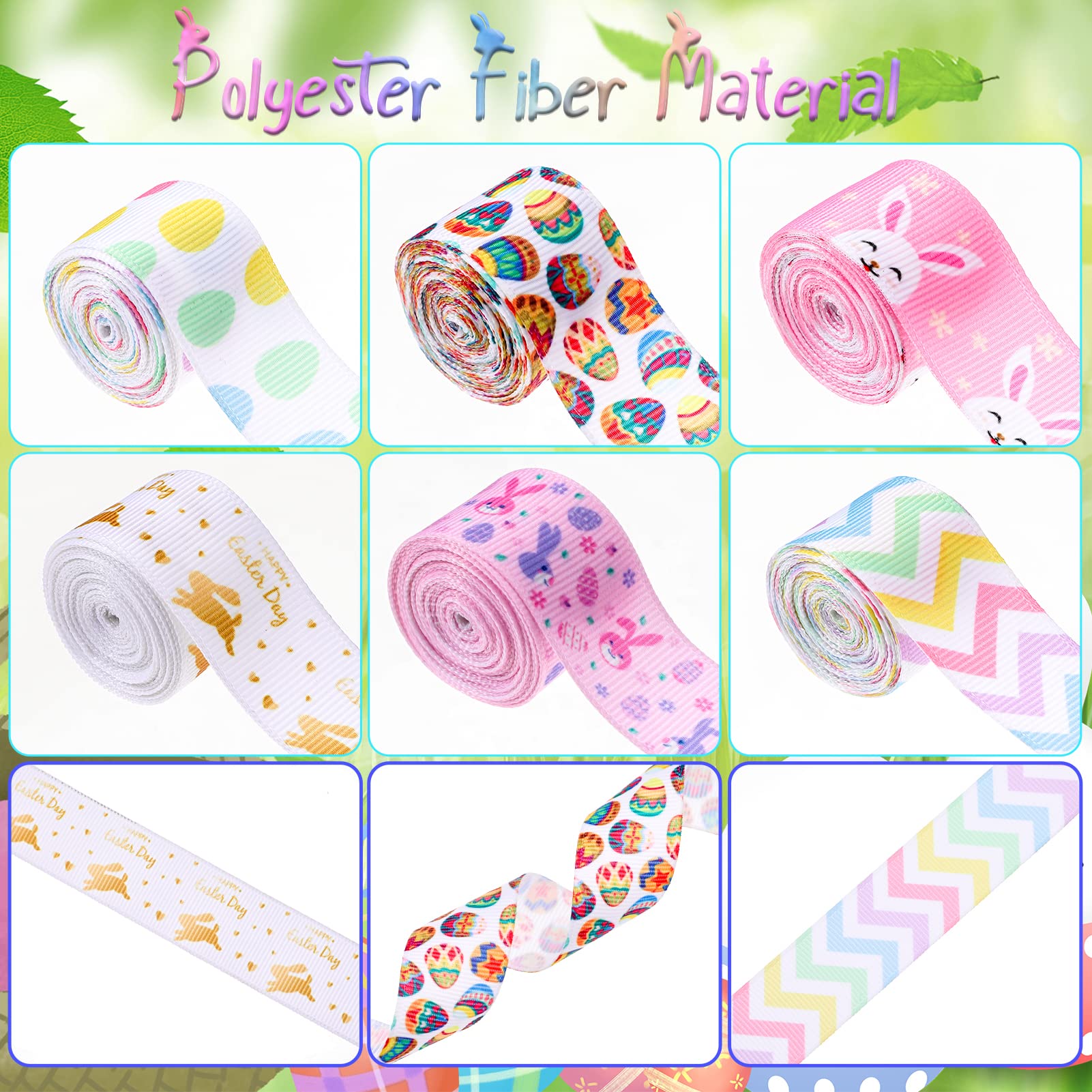 6 Rolls 12 Yards Easter Grosgrain Ribbon - Egg Bunny Floral Design for Spring Gift Wrapping, DIY Crafts, Hair Bows, Wreaths & Home Decor | Perfect for Easter Party Favors, Bouquets & Seasonal Decorations