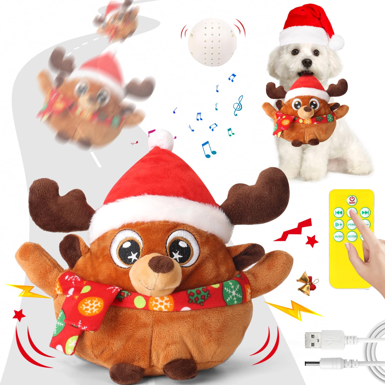 Interactive Remote Control Dog Toys with Squeaky Ball & Music - Christmas Electric Dog Ball Toy for Small Medium Large Dogs (Cute Elk Design) - Perfect for Indoor Play, Training, and Keeping Pets Active