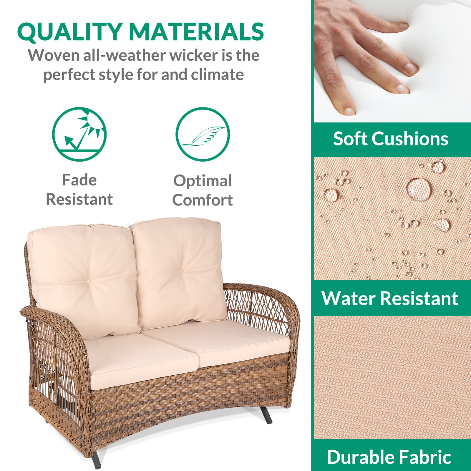 VIVIJASON 2-Piece Outdoor Wicker Loveseat Glider Set with Cushions - Patio Conversation Furniture for Porch, Garden & Poolside - Includes 2-Seater Glider Rocking Bench & Coffee Table - Light Brown - Perfect for Relaxing, Entertaining & Outdoor Lounging