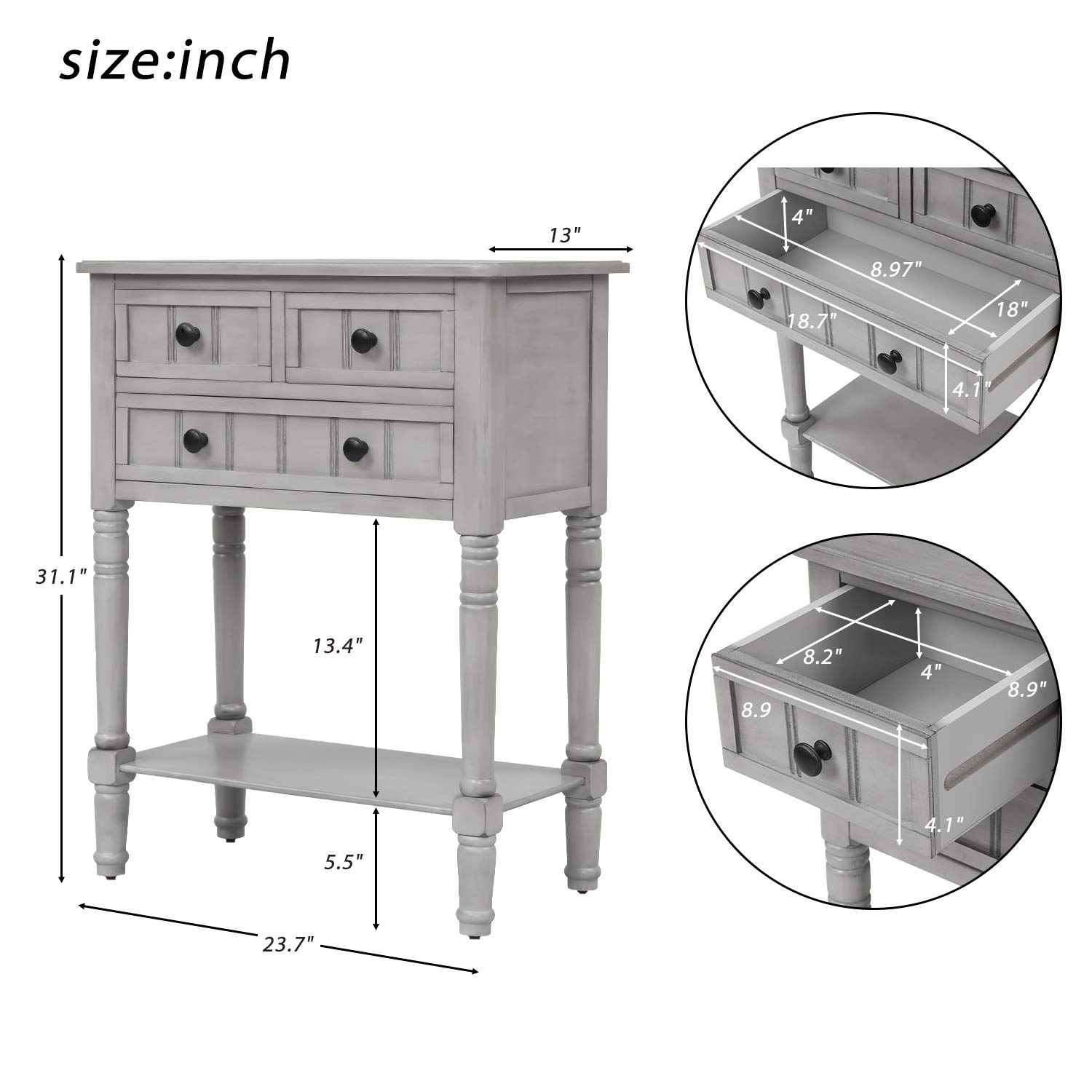 Merax Narrow Console Table - Slim Wooden Sofa Table with 3 Storage Drawers & Bottom Shelf for Living Room, Entryway, Hallway - Easy Assembly (Gray Wash) - Perfect for Small Spaces & Home Decor