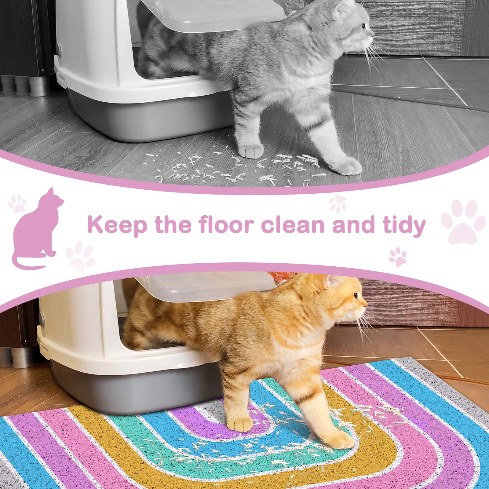 Premium Non-Slip Waterproof Cat Litter Mat - Soft Washable Litter Box Mat with Trapping Design, Easy to Clean for Cats & Kittens (Rainbow Color) - Perfect for Litter Box Areas, Pet Feeding Stations & Home Protection