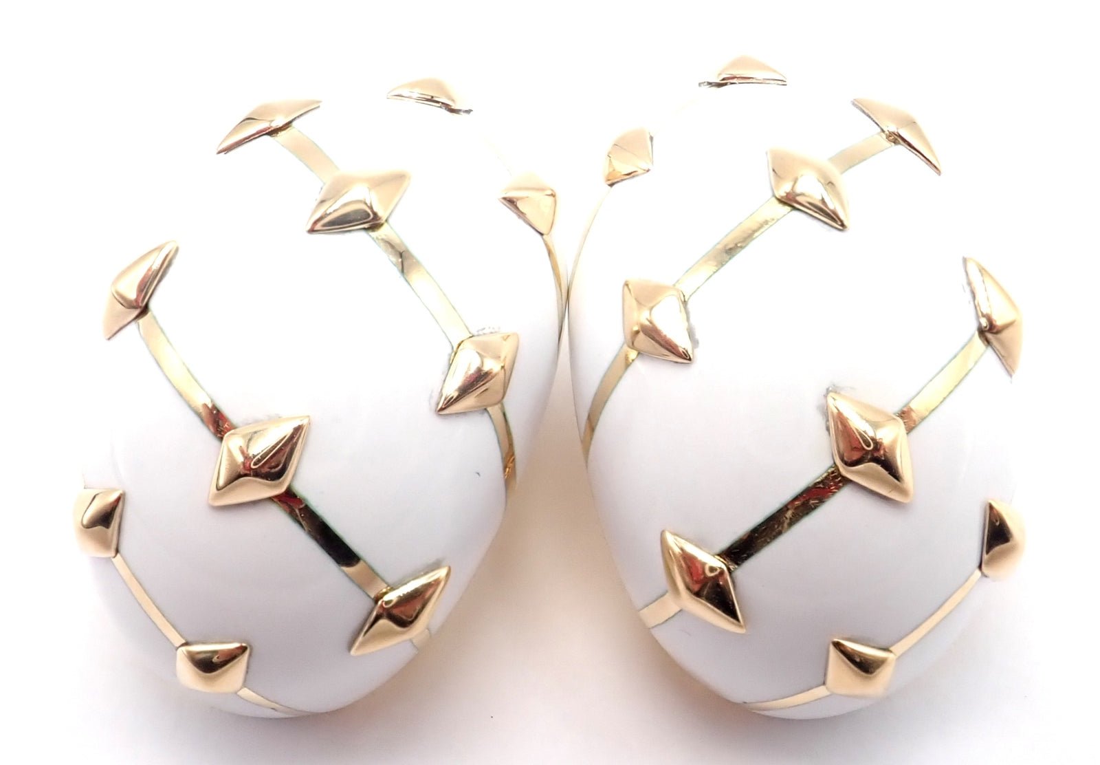 Tiffany & Co Schlumberger Dot Losange 18k Yellow Gold White Enamel Hoop Earrings | Luxury Designer Jewelry for Women | Perfect for Parties, Weddings & Special Occasions