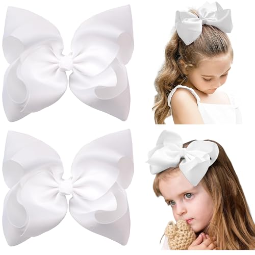 CÉLLOT Girls Hair Bows - 8 Inch White Grosgrain Ribbon Alligator Clip Hair Accessories for Toddler, Little & Teen Girls - Perfect for School, Parties & Special Occasions