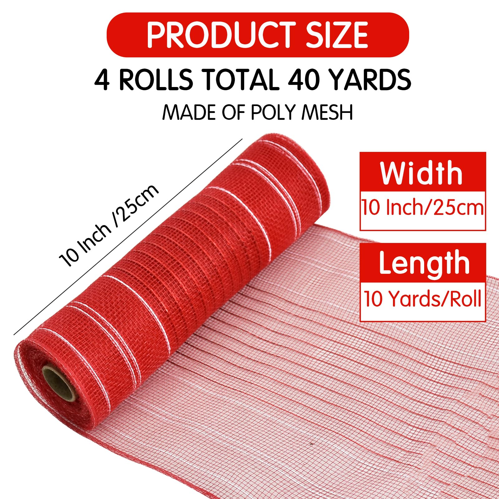TONIFUL 4 Rolls 10 Inch Red and White Decorative Mesh Ribbon - 30ft per Roll (120ft Total) for Wreath Making, Front Door Decor, Christmas Tree, New Year, Valentine's Day, Halloween Crafts, Party & Gift Wrapping