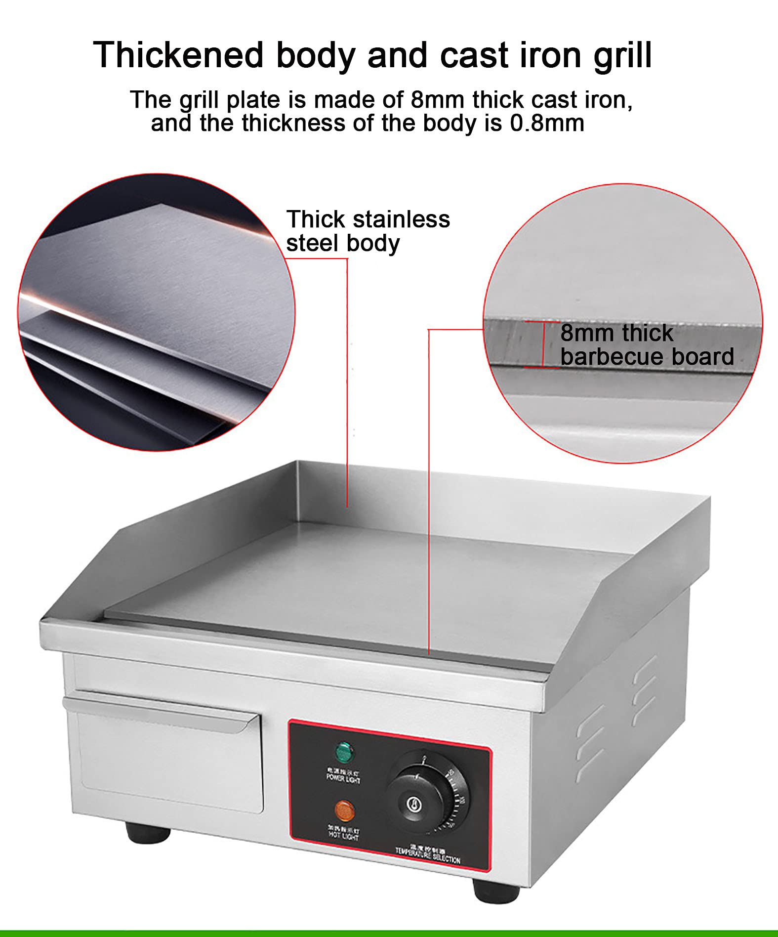 Commercial Electric Griddle - Stainless Steel & Cast Iron Body - 1800W Large Pancake Grill & Oven (EG-818B) - Perfect for Restaurants, Diners & Home Breakfast Cooking