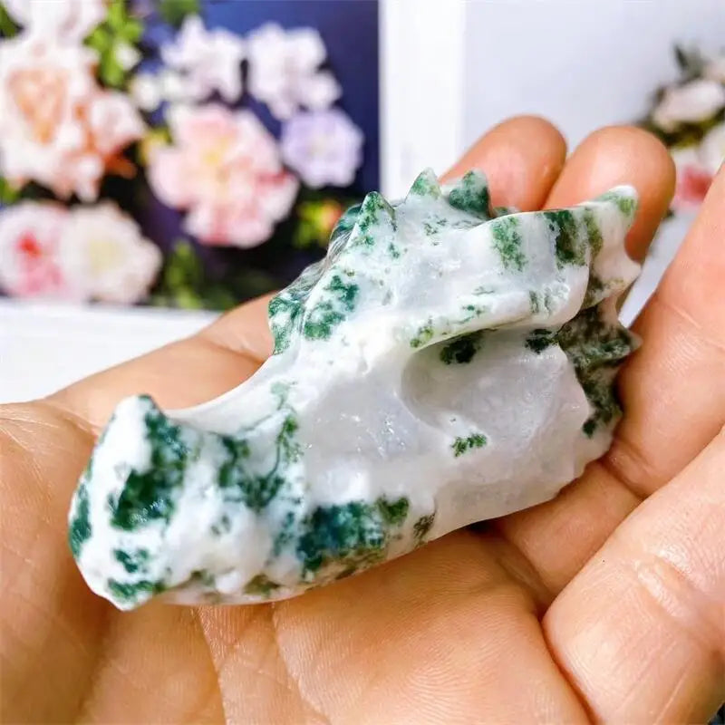 6.3CM Natural Moss Agate Dragon Skull Carved Crystal Statue - Healing Stone, Feng Shui Decor, Reiki Energy Gift - Perfect for Meditation, Home Office Decor & Spiritual Collection (1 Piece)