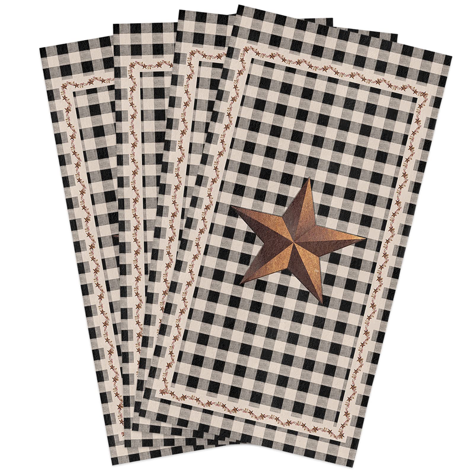 Farmhouse Style Absorbent Kitchen Towels - 4 Pack Soft Reusable Dish Towels with Retro Black Grid Design for Everyday Cooking, Cleaning & Bathroom Use - Berries & Western Country Star Print