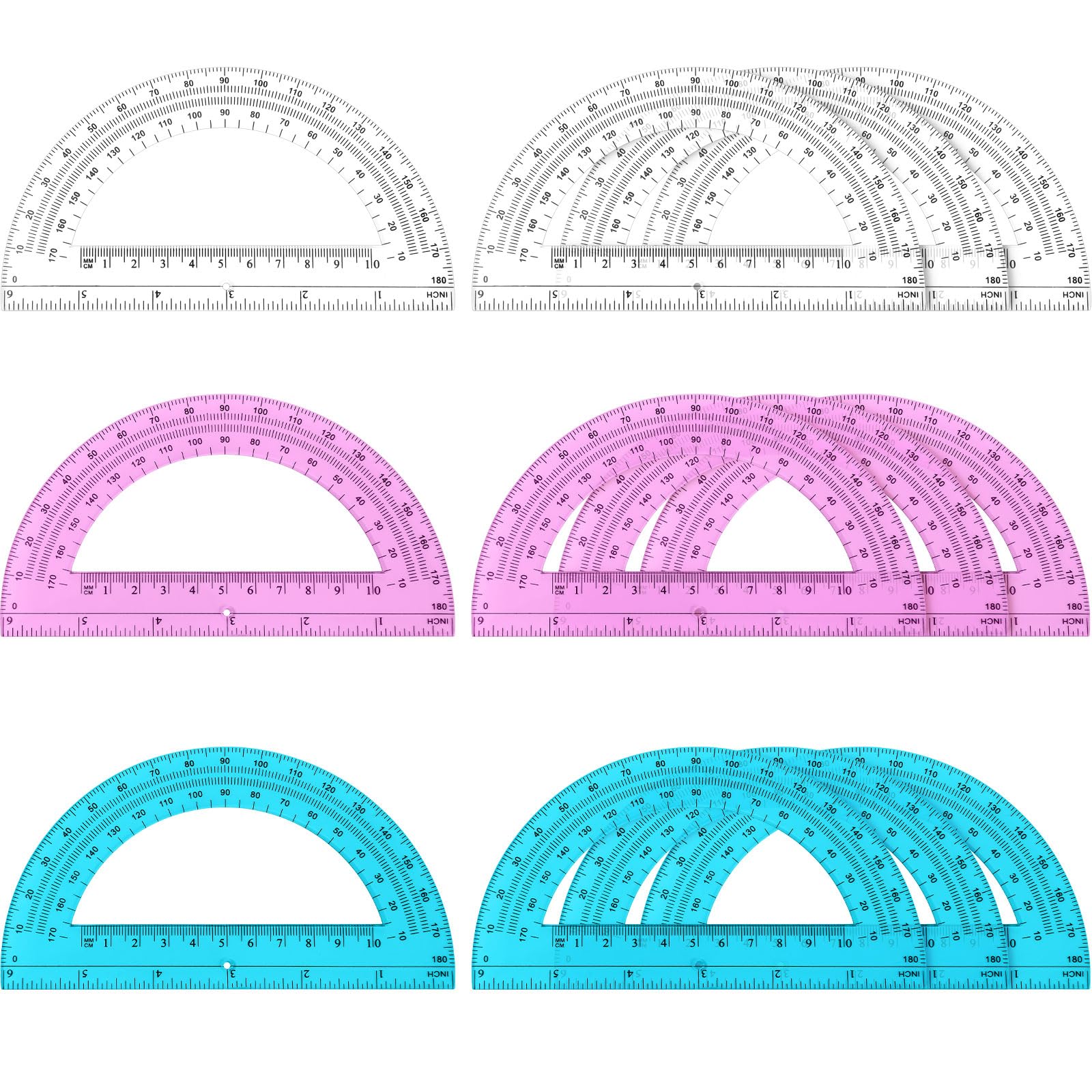 6 Inch Plastic Protractor 12 Pack - 180 Degrees for Math Classroom & Office