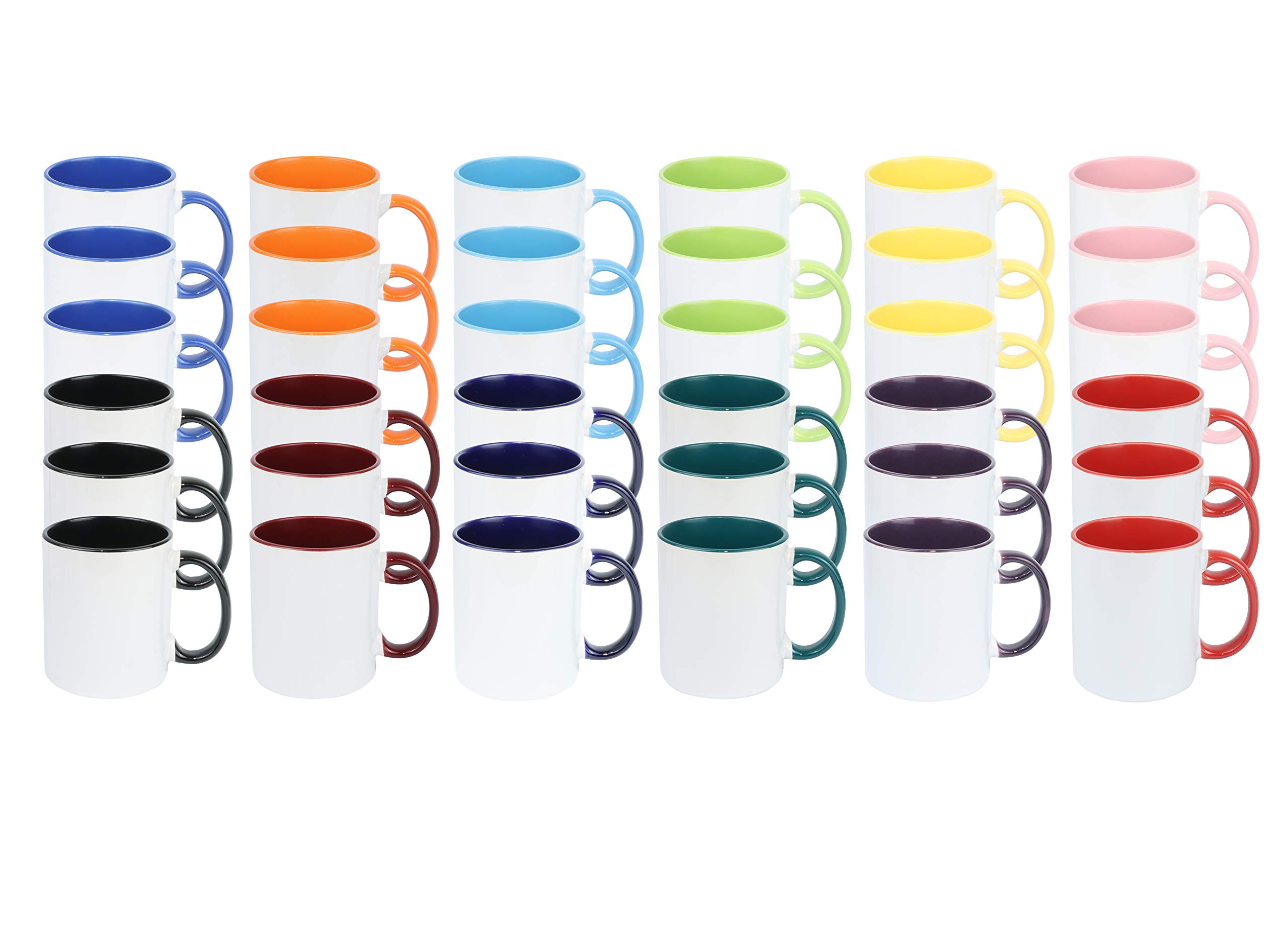 11oz White Ceramic Sublimation Coffee Mug - 12 Mixed Colors Inside with Handle, Bulk Pack of 36 - Perfect for Custom Printing, Office Use, Gifts & Promotional Events