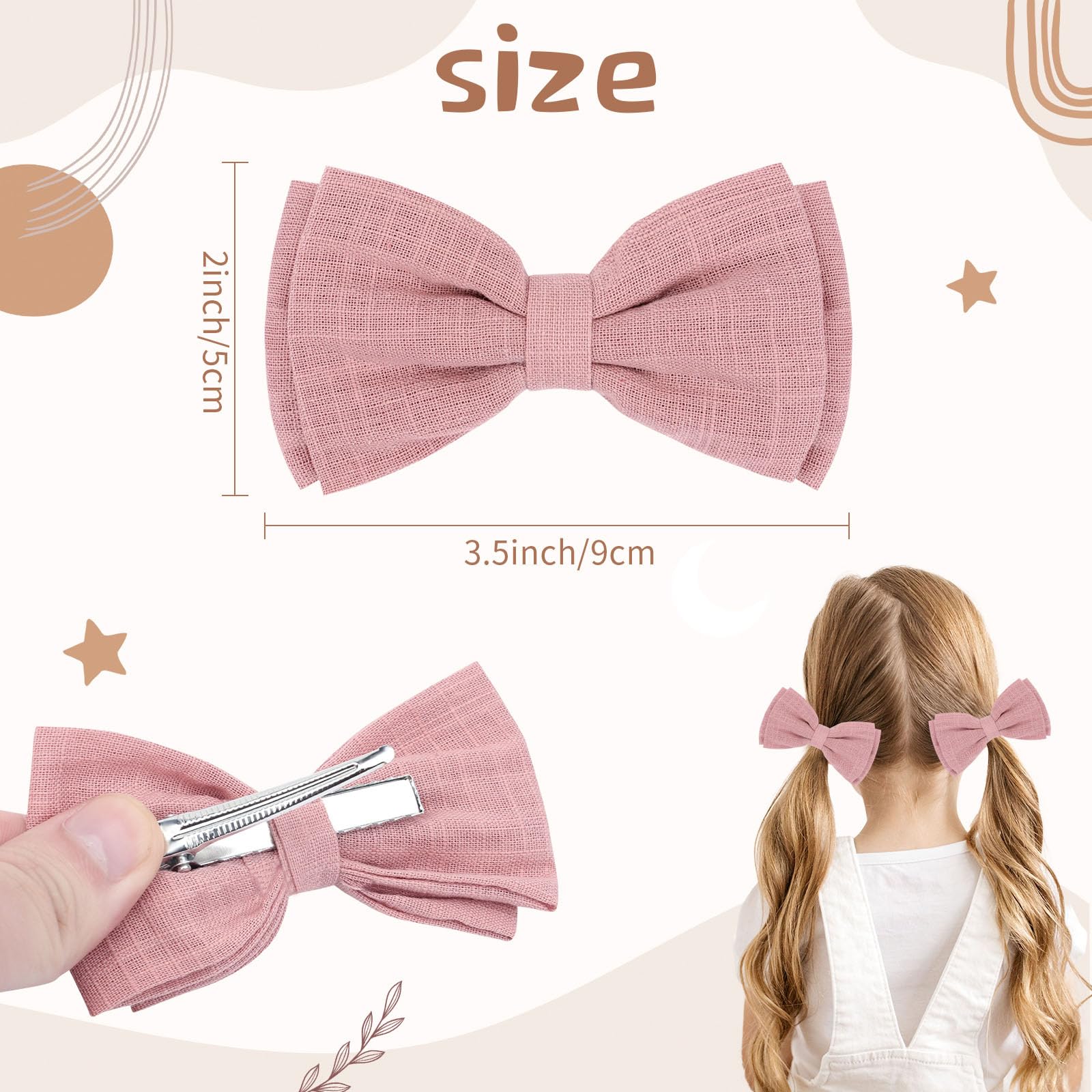 OAOLEER 20Pcs 3.5 Inch Neutral Linen Hair Bows Clips for Baby Girls - Double Bun Ponytail Bow Hair Barrettes for Infants, Toddlers & Kids (Linen Bows-B) | Perfect for Birthday Parties, Photo Shoots & Daily Outfits