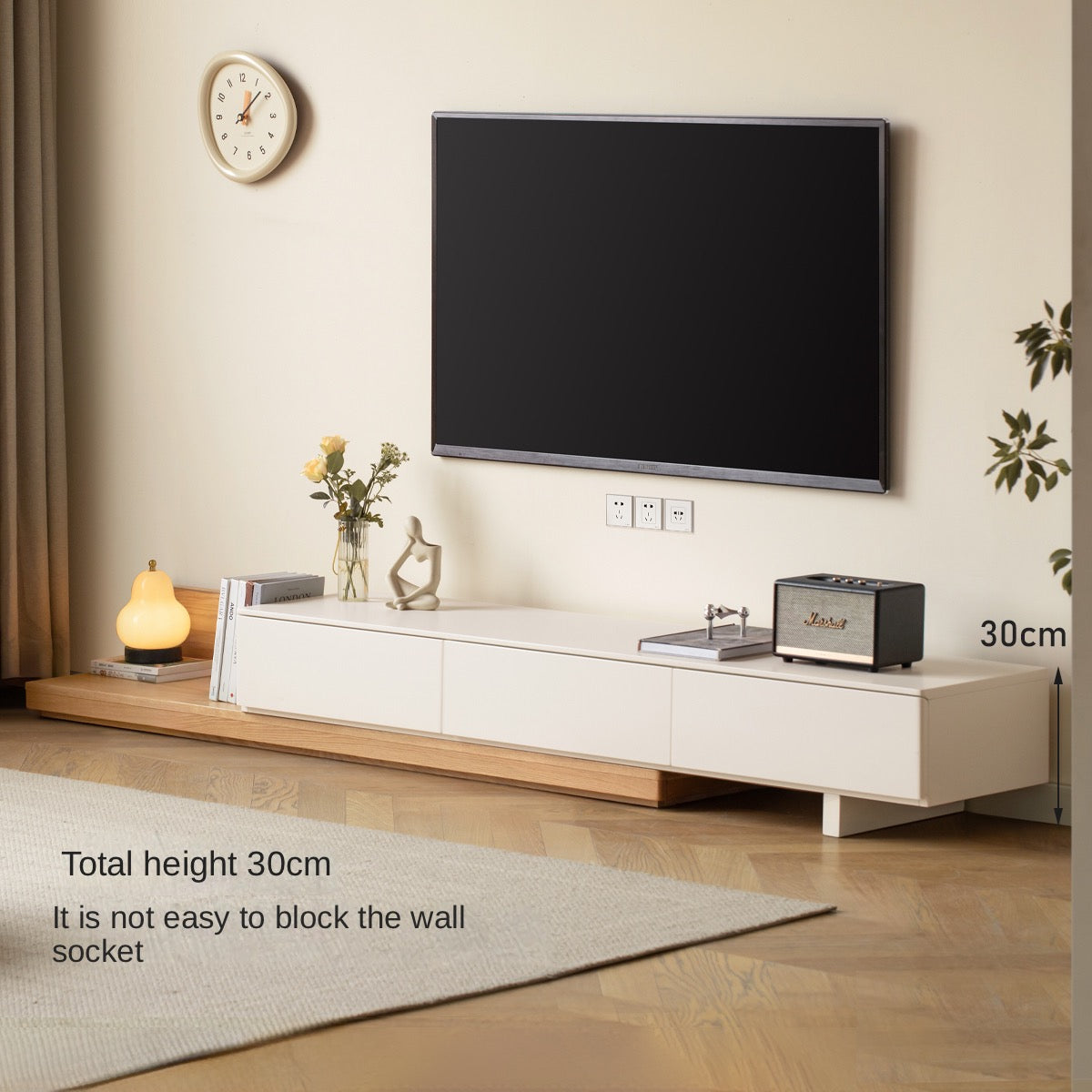 Solid Oak & Poplar Wood Retractable TV Stand Floor Cabinet - Modern TV Console for Living Room, Bedroom & Home Theater