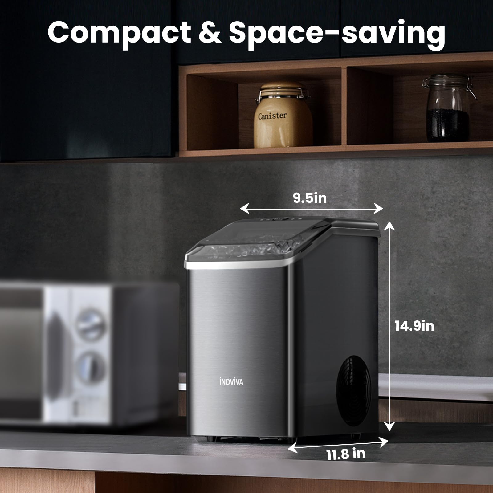 Portable Nugget Ice Maker Countertop - 40lbs/24H Soft Chewable Pellet Ice Machine with Self-Cleaning Function, Sonic Ice Maker for Home Kitchen, Office, Bar, RV - Black Stainless Steel | Perfect for Cocktails, Sodas & Entertaining