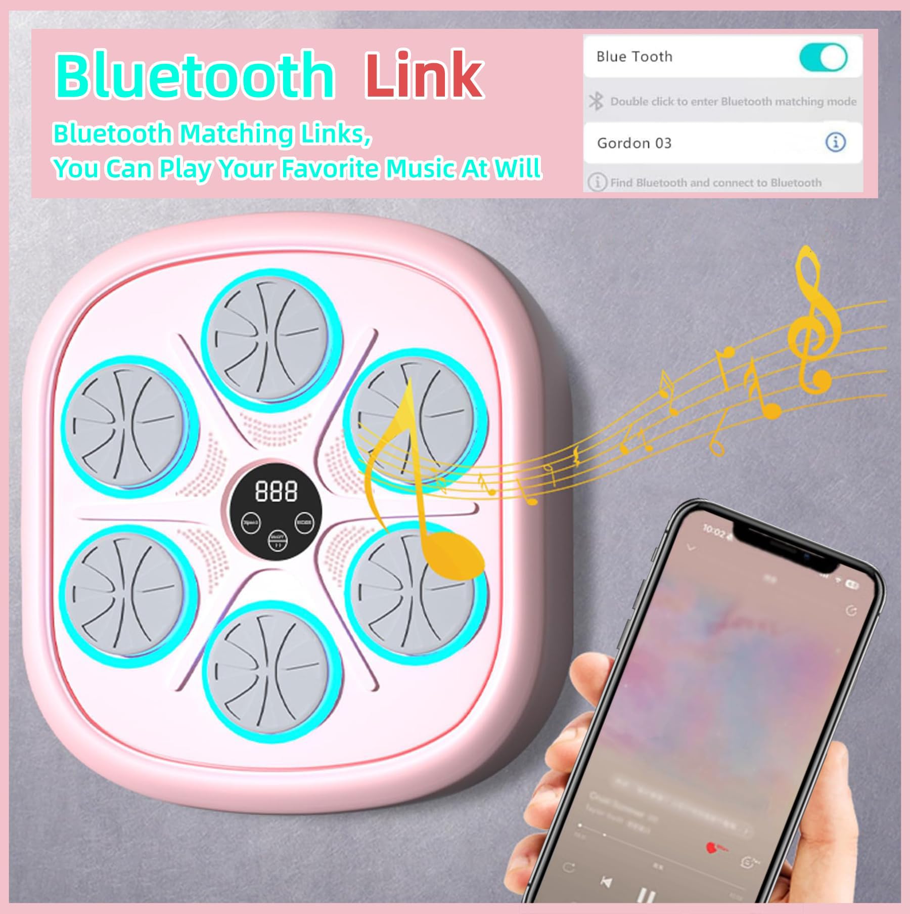 Pink Smart Wall Mounted Music Boxing Machine with Gloves - Boxing Workout Equipment for Home Gym, Fitness Training & Stress Relief