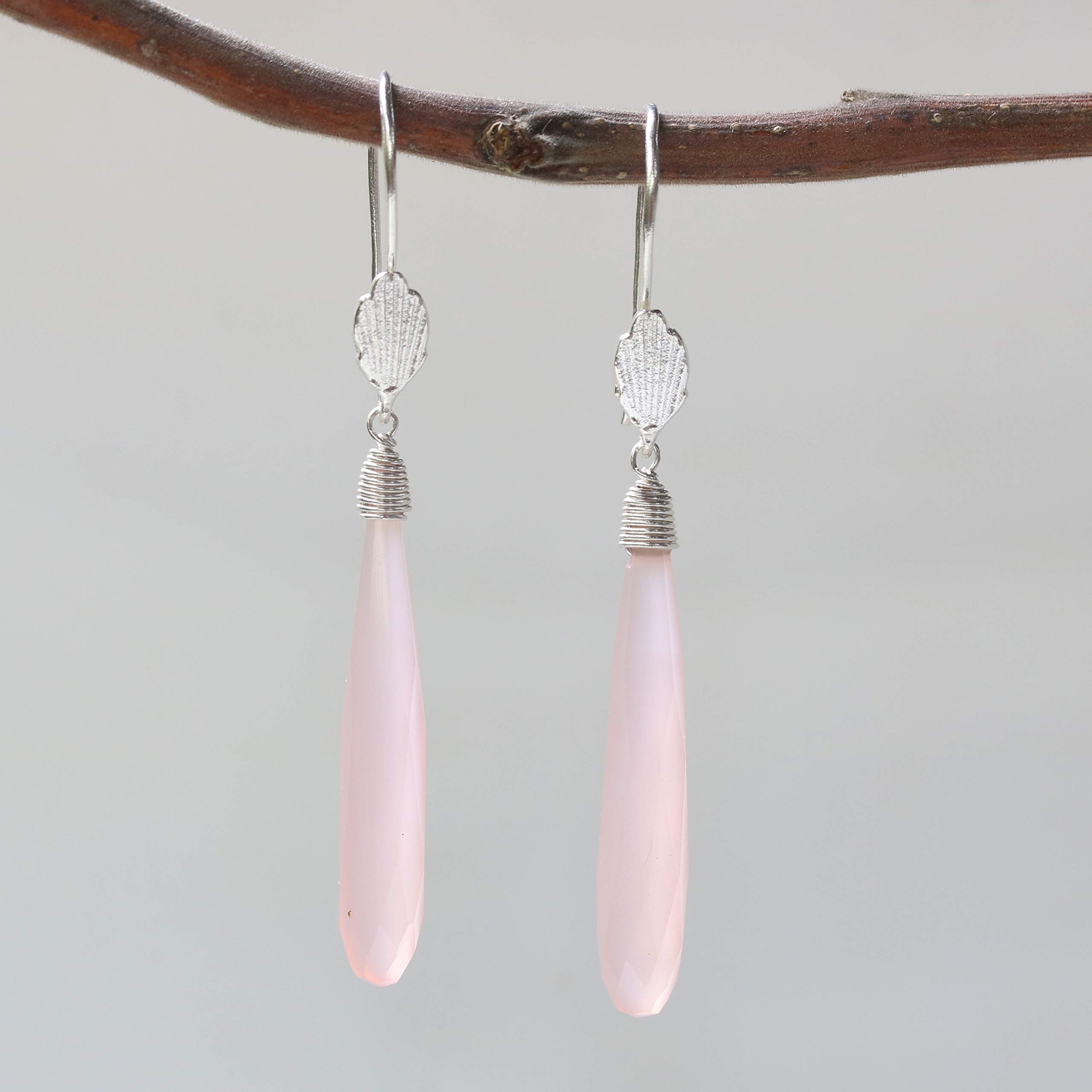 Pink Chalcedony Earrings with Sterling Silver Wire Wrap & Leaf Design - Elegant Dangle Earrings for Women, Perfect for Parties, Weddings & Everyday Wear