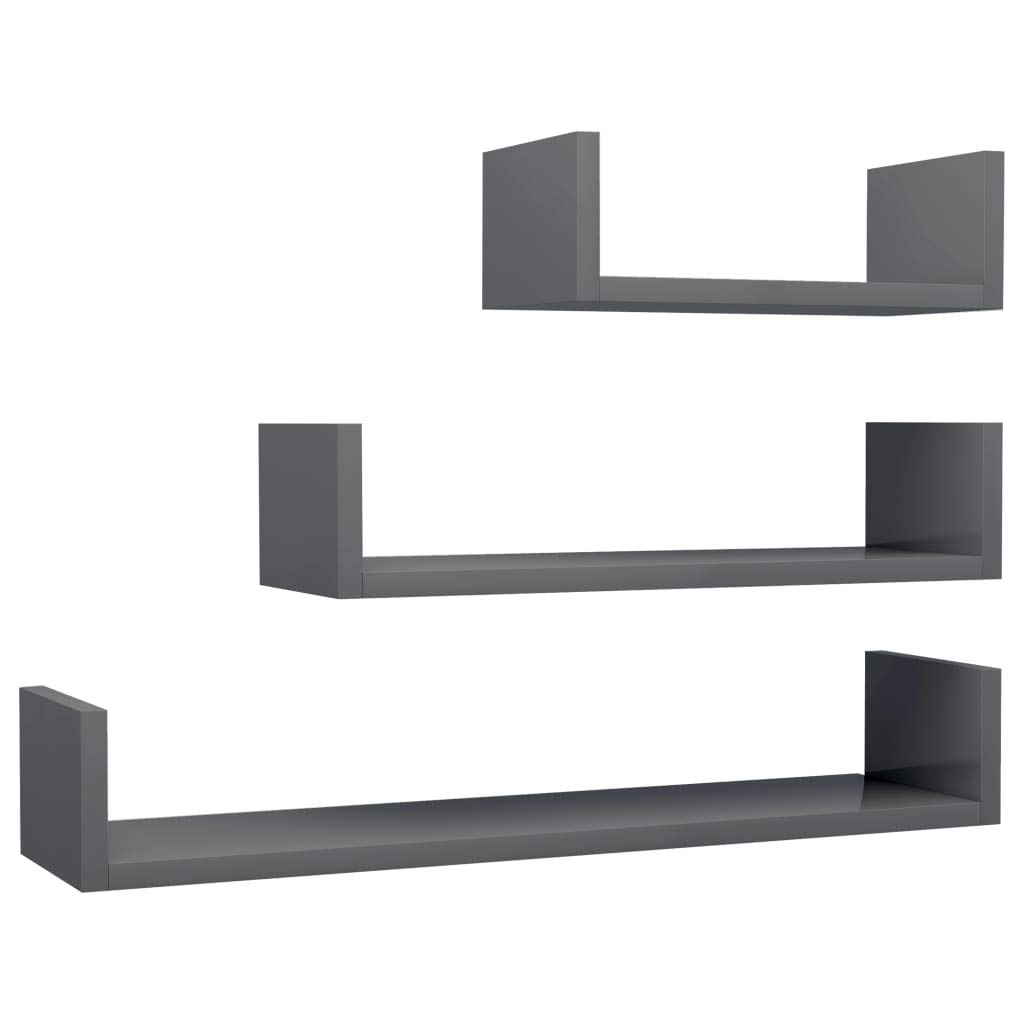 3-Pack Floating Wall Shelves Set - High Gloss Gray Chipboard Wall Mounted Display Shelves for Bedroom, Living Room & Office Decor - Perfect for Books, Photos & Decorative Items