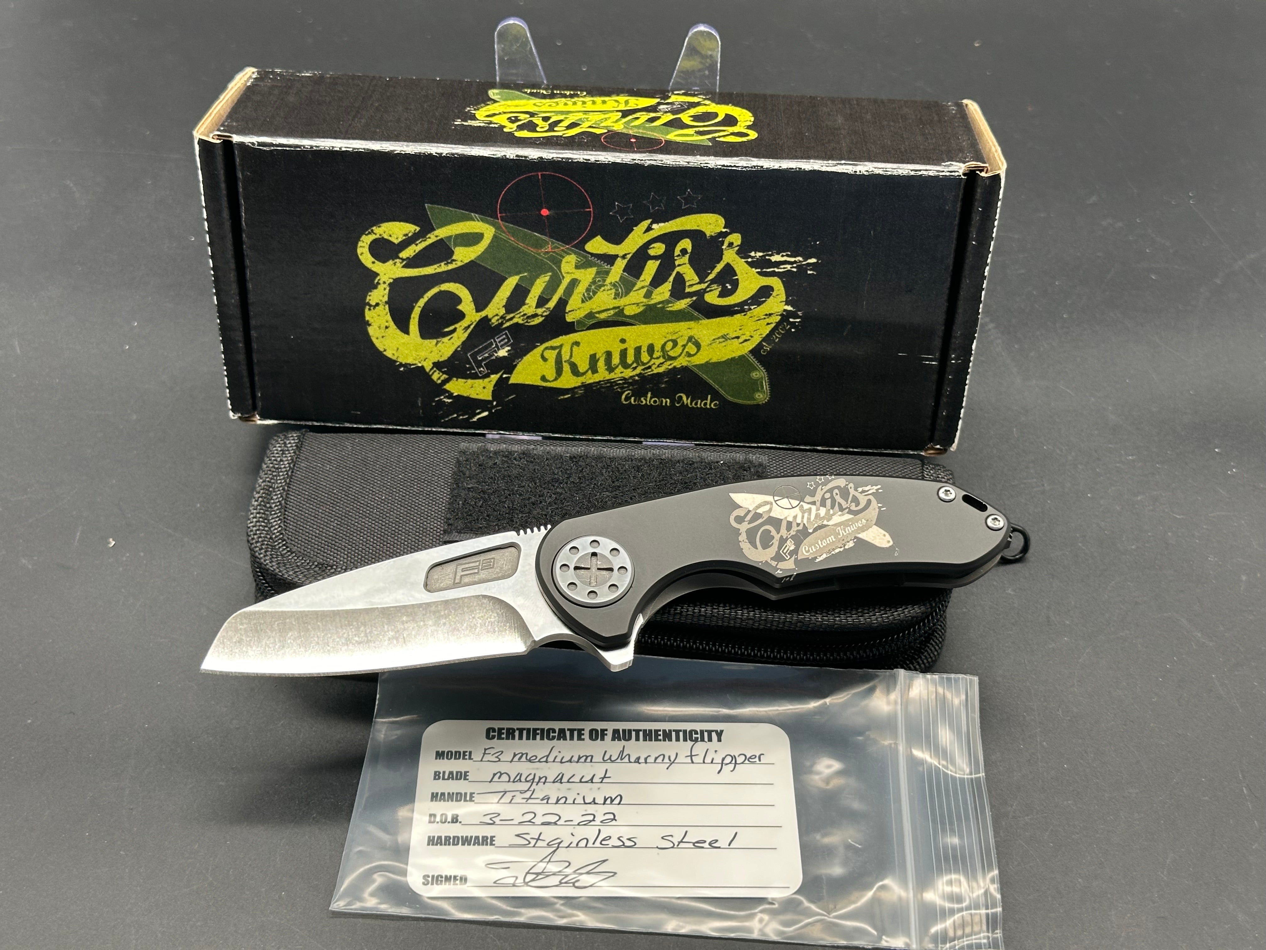 Curtiss Custom Knives F3 Medium Wharncliffe Flipper Knife - Titanium Frame, Stonewash Finish, Magnacut Blade | EDC, Outdoor Survival, Tactical Gear, Hunting & Camping Accessories