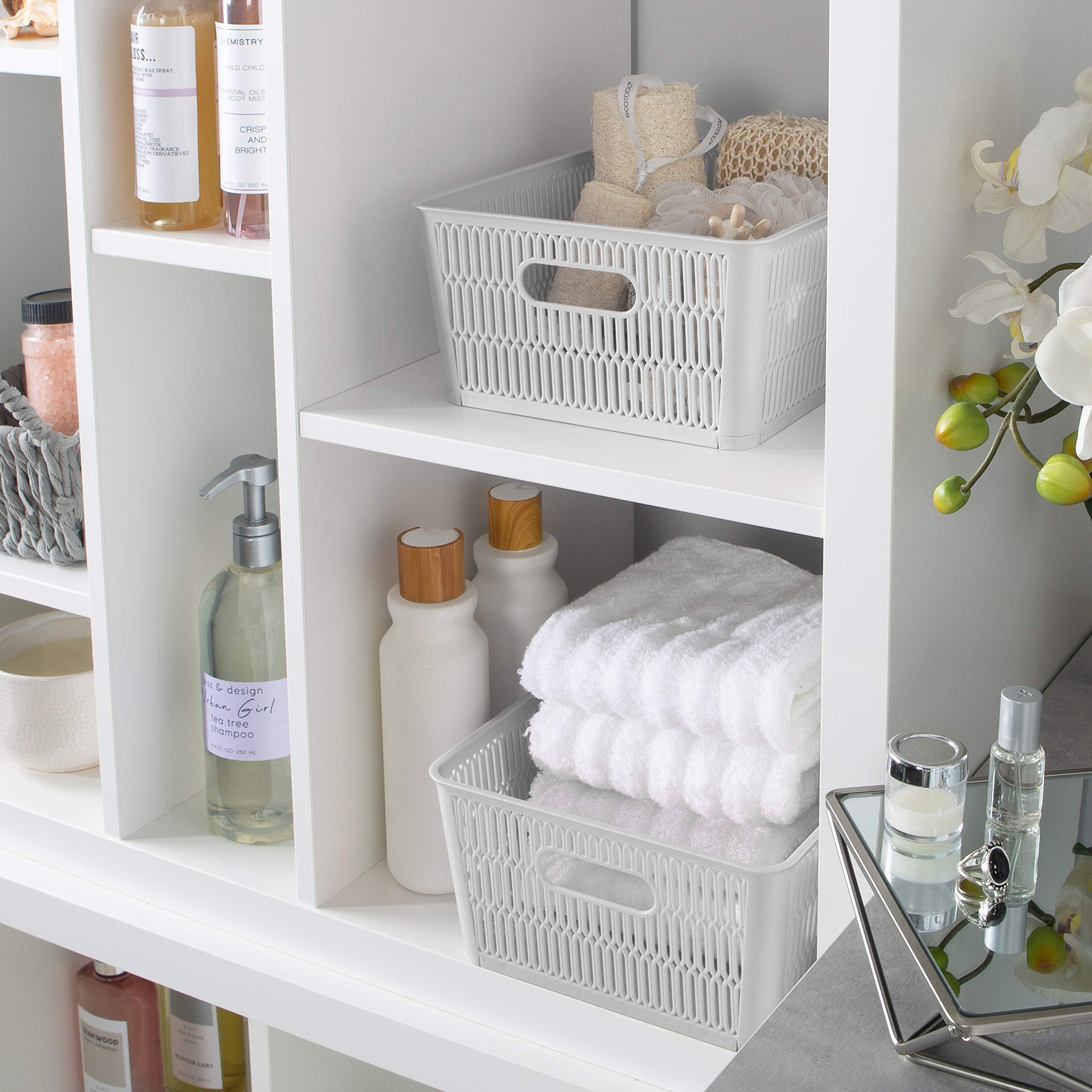 Simplify 4-Pack Large Slide & Stack It Tote Baskets - Grey Storage Bins with Stackable Design for Bathroom, Pantry, Office, Playroom & Craft Organization (KIT-25930-GREY-4PK) | Perfect for Home Storage & Clutter Control