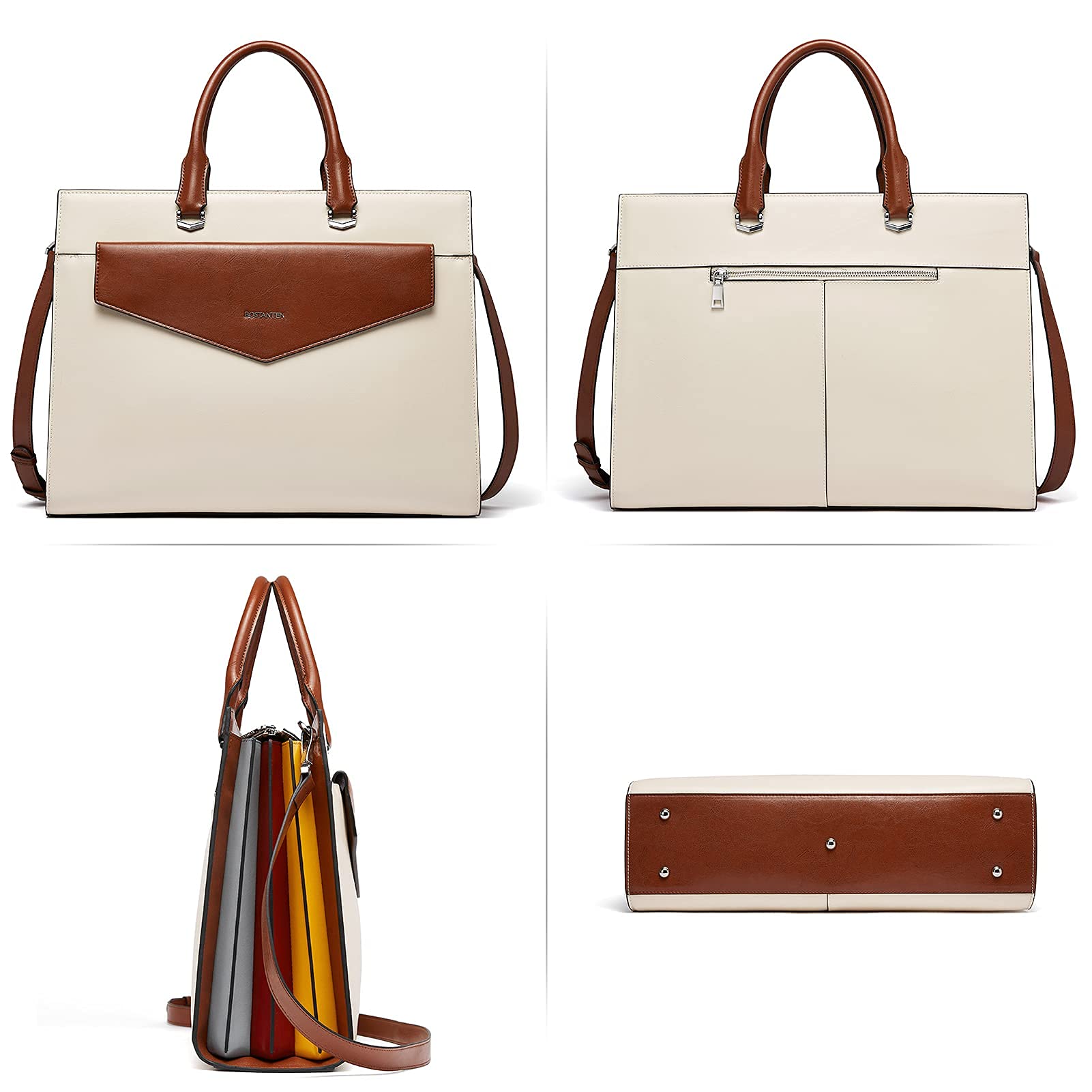 BOSTANTEN Women's Genuine Leather Laptop Tote Bag - 15.6 Inch Professional Work Briefcase Handbag in Beige - Perfect for Office, Business Travel & Daily Commute