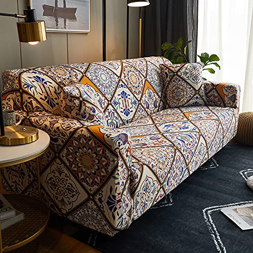 Stretch Printed Couch Cover for 4 Cushion Sofa Set - Soft Patterned Slipcover Fits Large 3-Seater & 4-Seater Couches (MLG Design) - Perfect for Living Room, Family Room & Home Decor Protection