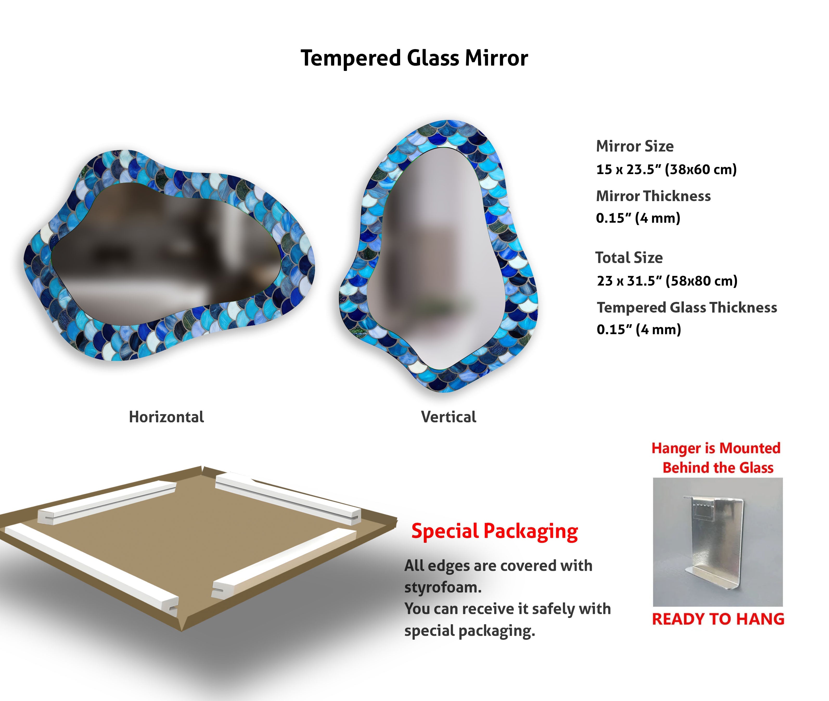Stylish Blue Mosaic Bathroom Wall Mirror - Decorative Vanity Mirror for Modern Bathrooms, Powder Rooms & Home Décor