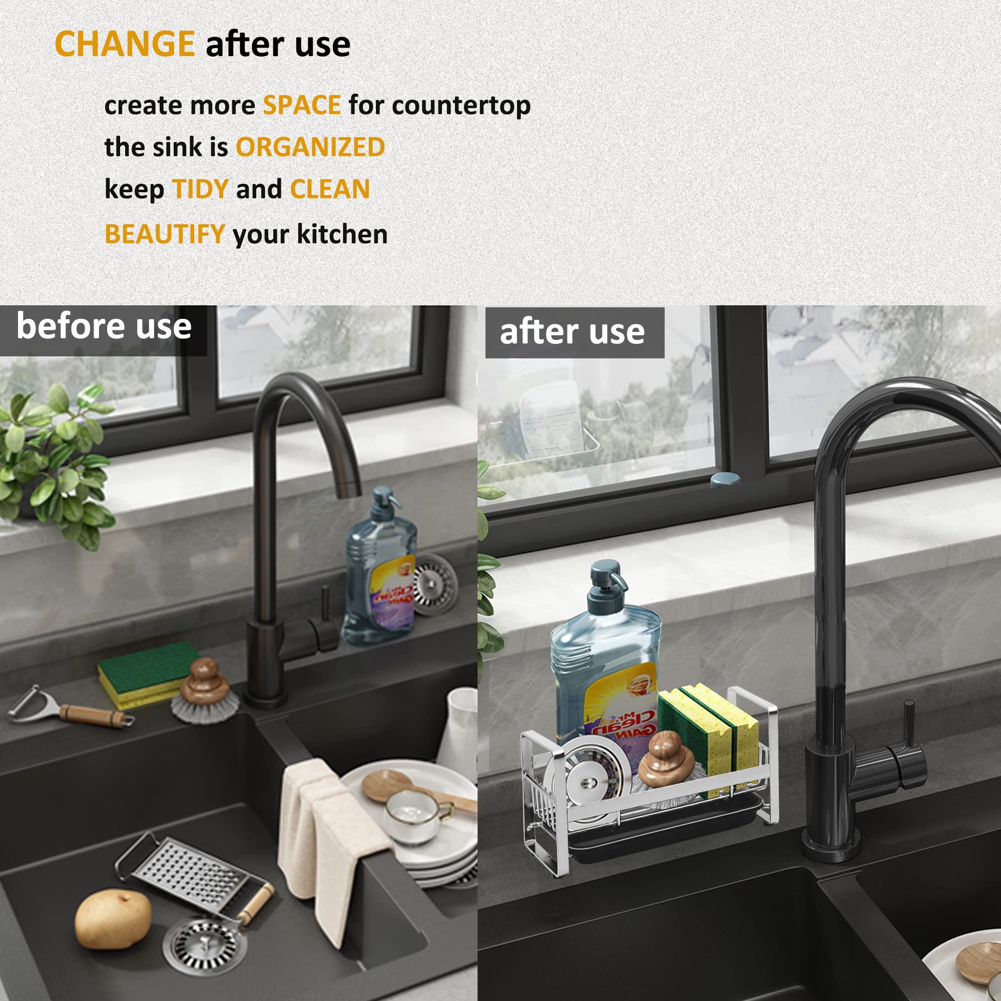 2 Pack Stainless Steel Kitchen Sponge Holder & Soap Caddy - Sink Organizer Tray for Kitchen Countertop - Silver & Black (2PCS) - Perfect for Dishwashing, Cleaning & Bathroom Organization
