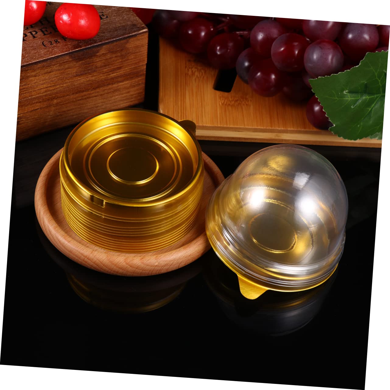 100Pcs Round Plastic Egg Yolk Crisp Packing Box with Golden Tray - Dome Cupcake Containers for Baking, Dessert Display & Individual Serving - Perfect for Party Favors, Wedding Desserts & Bakery Packaging